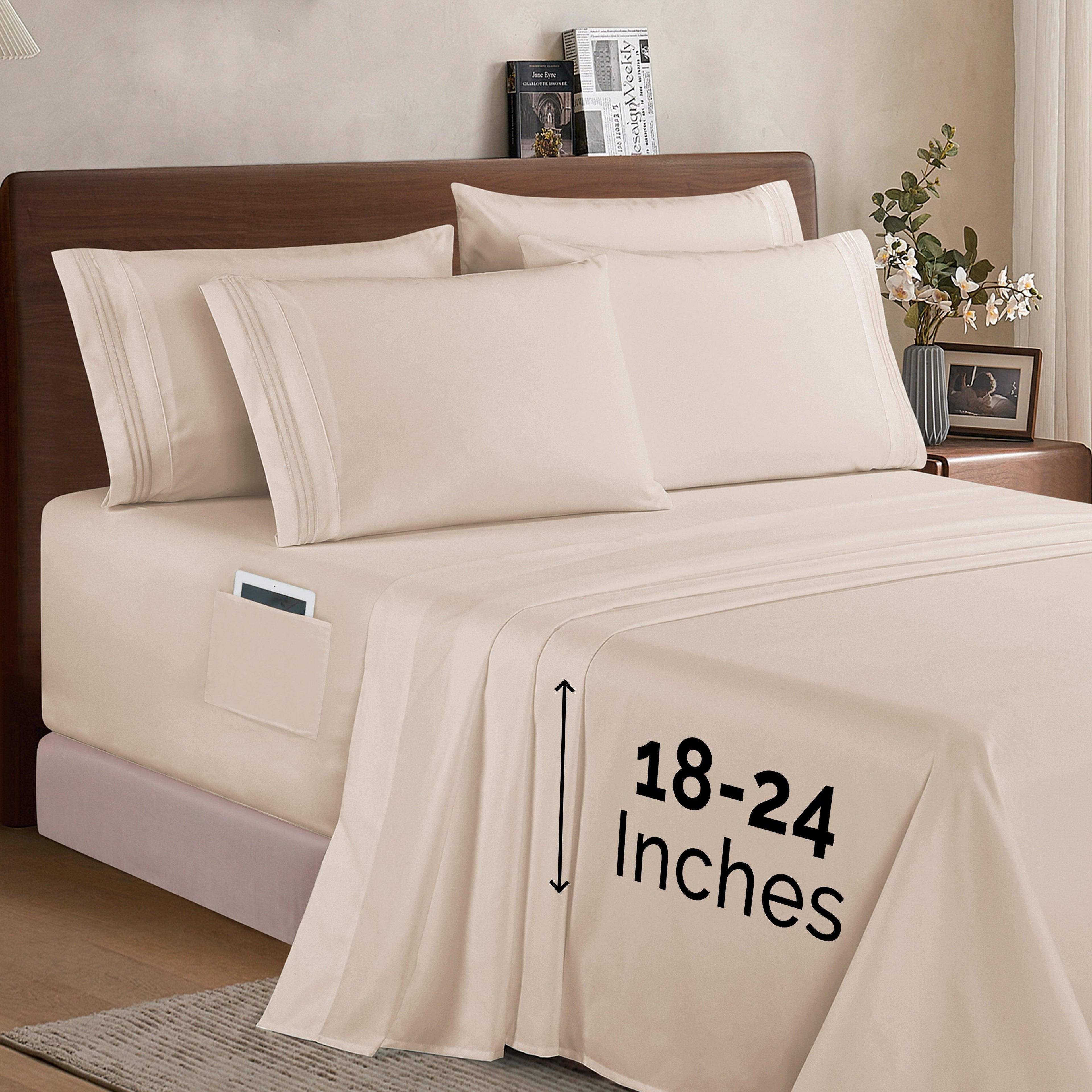 Extra deep Pocket 3 Line Embroidery, 6-Piece Sheet Set