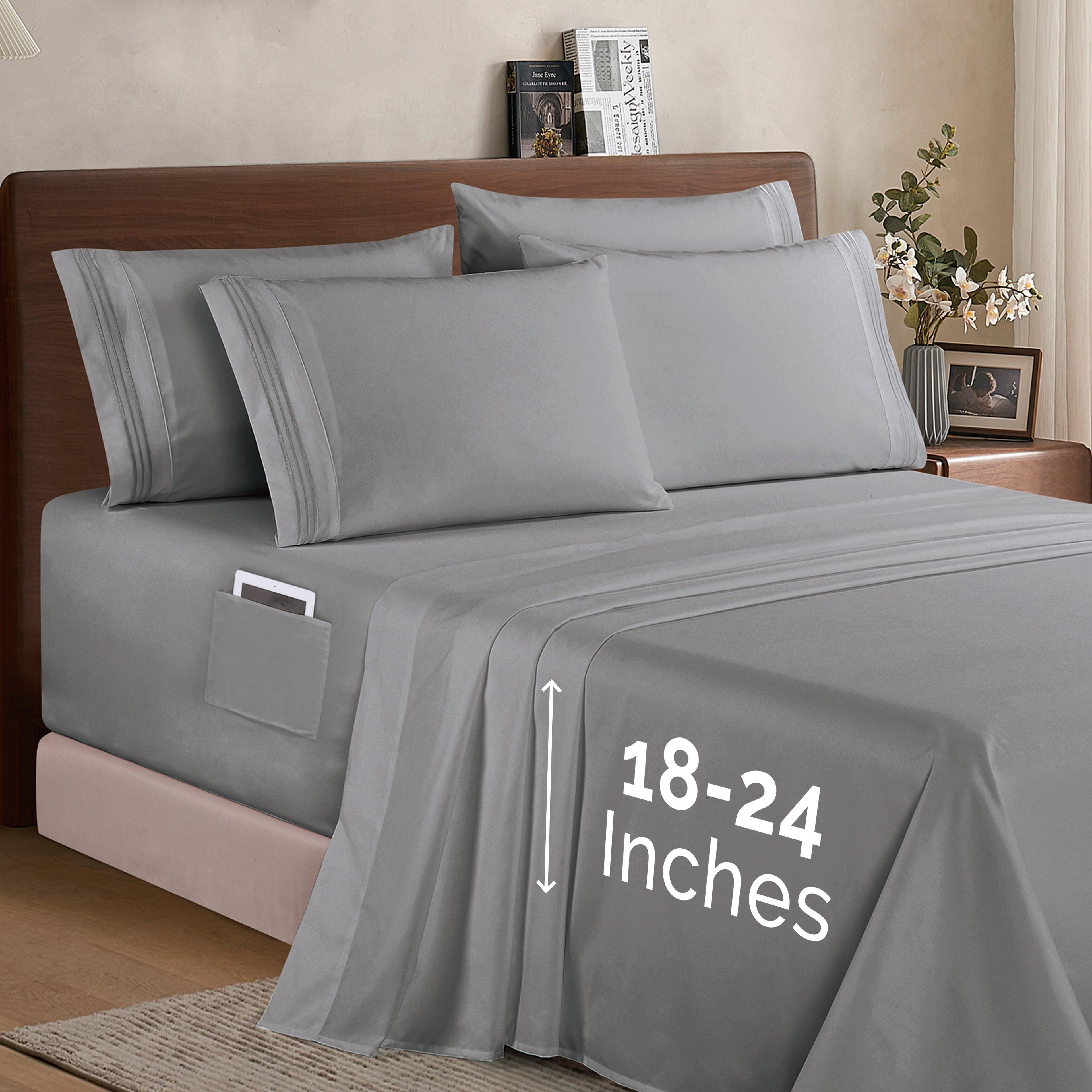 Extra deep 18-24 Inch Pocket 3 Line Embroidery, 6-Piece Sheet Set, Moody Shades