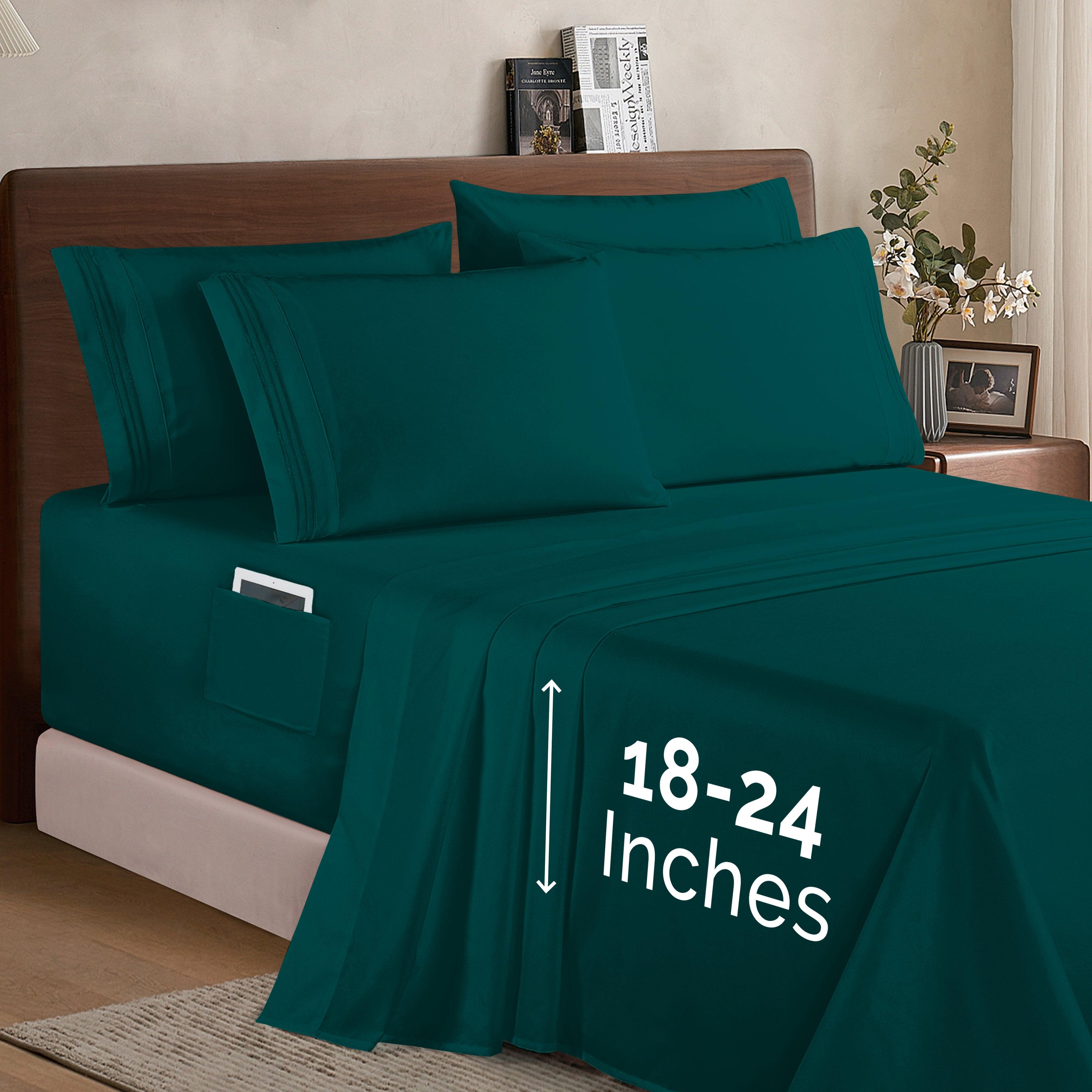 Extra deep 18-24 Inch Pocket 3 Line Embroidery, 6-Piece Sheet Set, Moody Shades