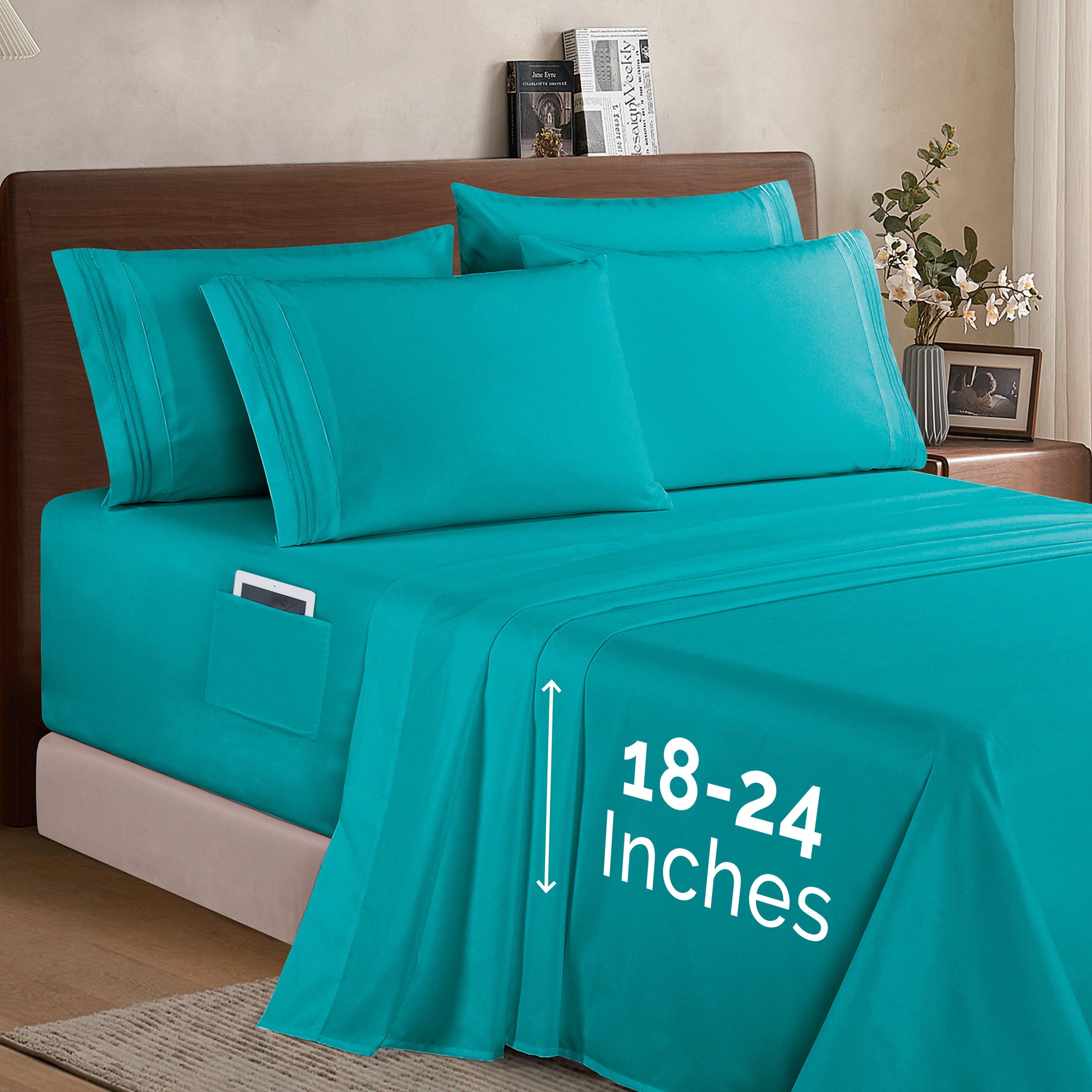 Extra deep 18-24 Inch Pocket 3 Line Embroidery, 6-Piece Sheet Set, Moody Shades