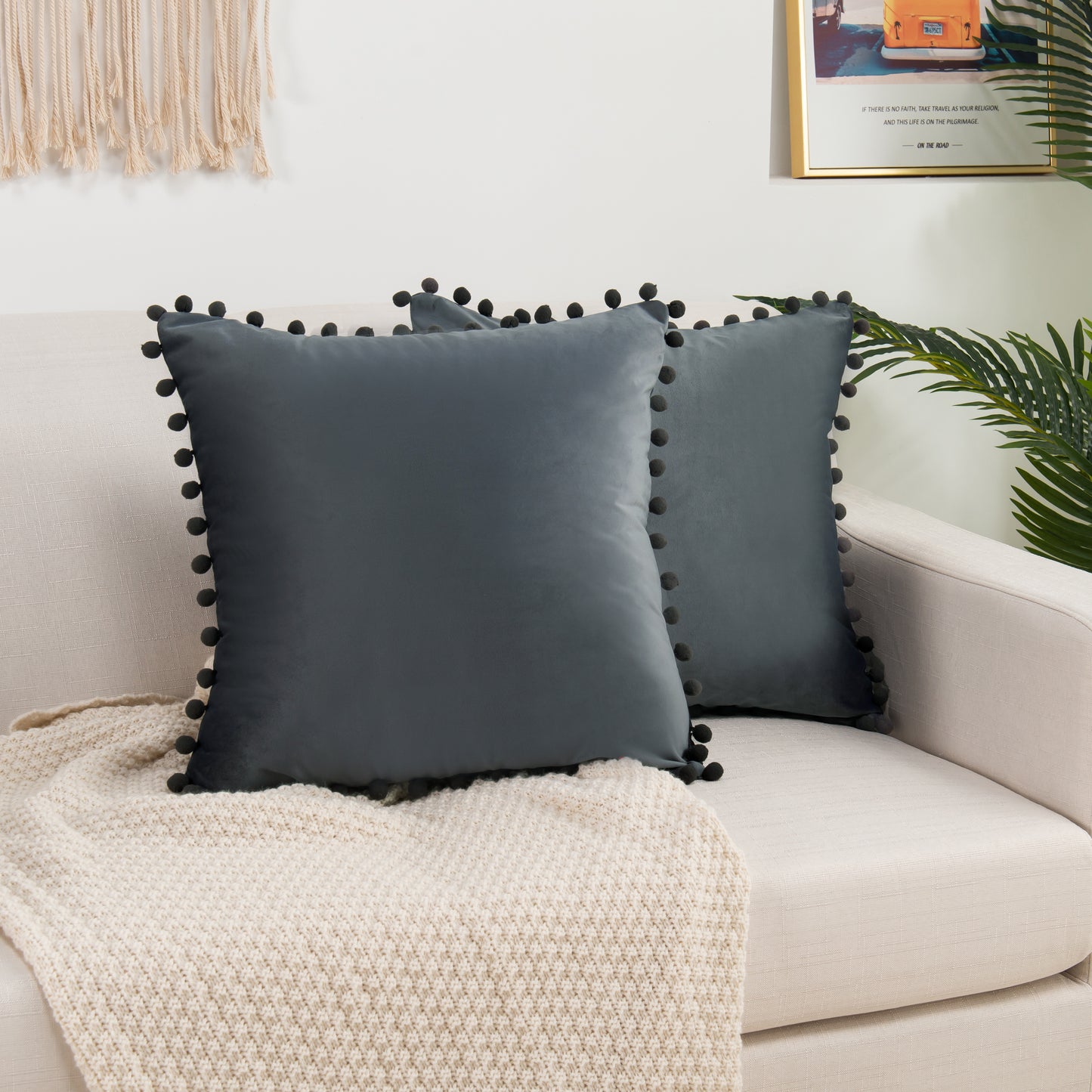 Elegant Comfort 2 Piece Pom-Pom Velvet Cushion Cover - Pillow Covers