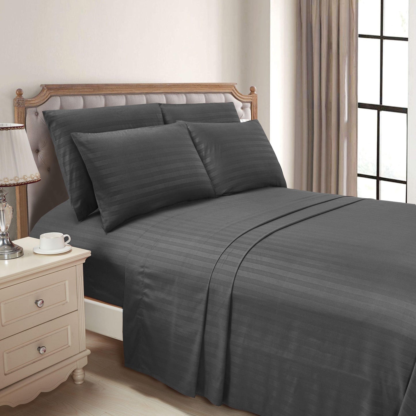 Elegant Comfort 6-Piece Dobby Stripe Printed Bed Sheet Set- Soft as a Hotel Premium Quality