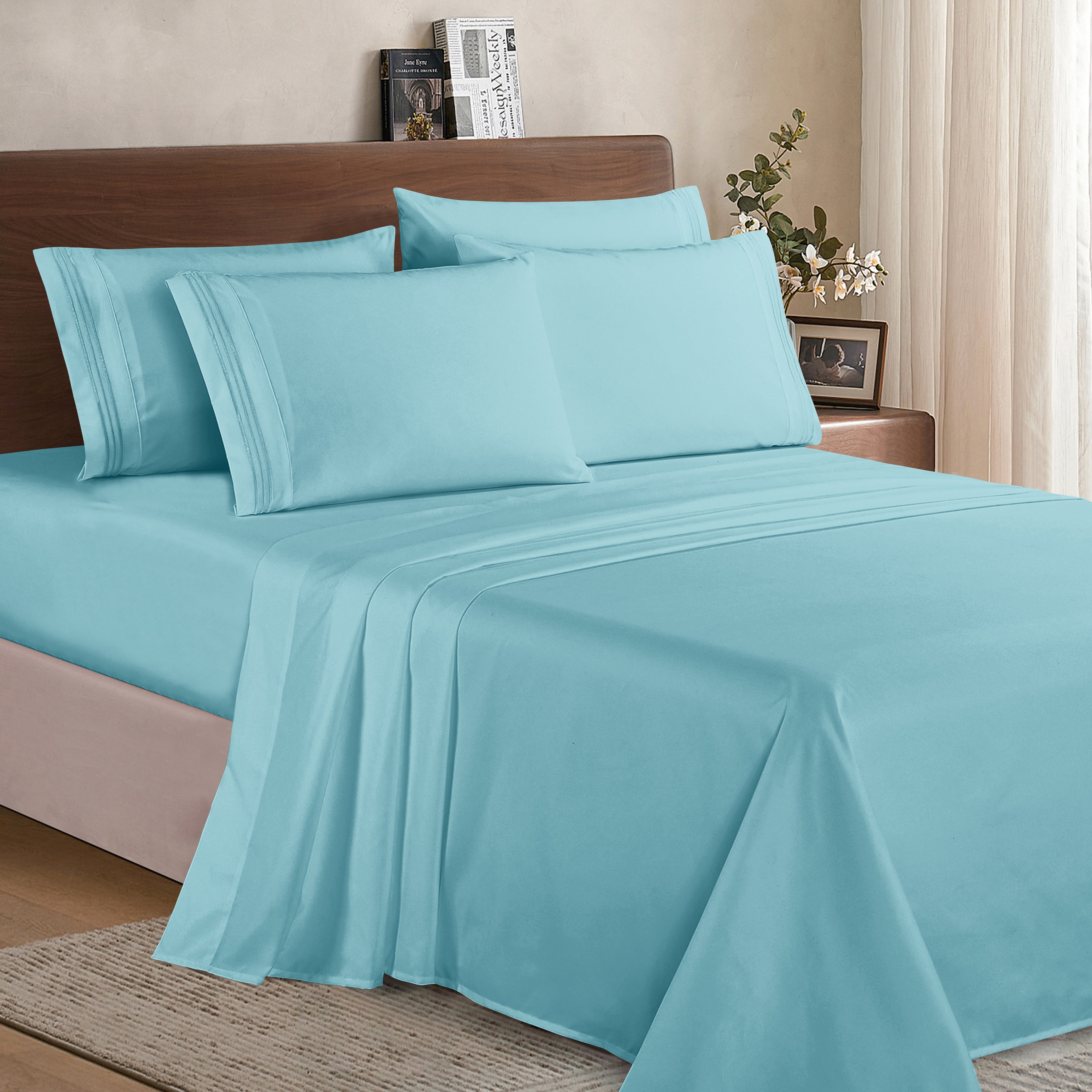 Essential 6-Piece 3-Line Embroidery Sheet Set, Soft as a Hotel Premium Quality, Bright Shades