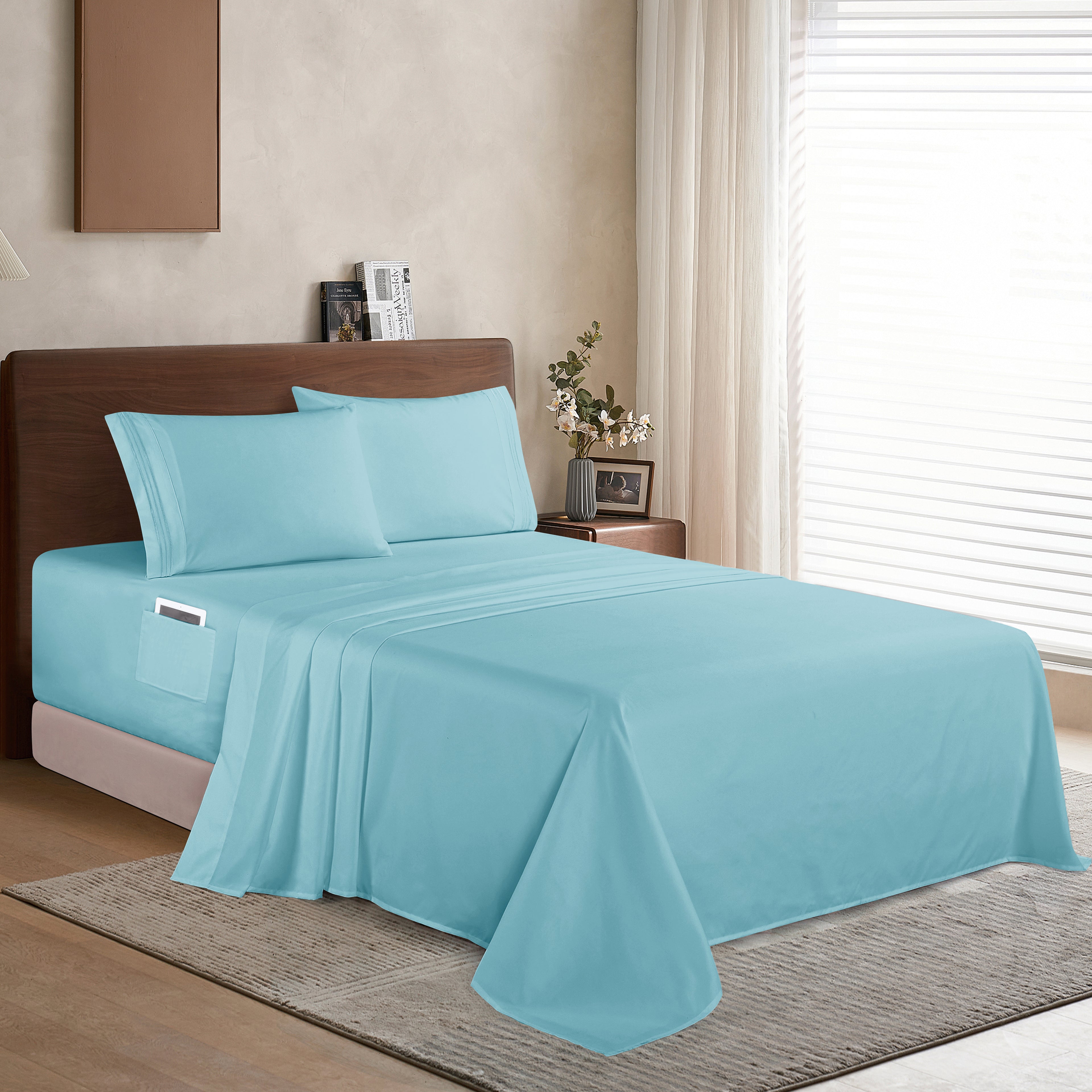 Extra deep 18-24 Inch Pocket 3 Line Embroidery, 4-Piece Sheet Set, Bright Shades