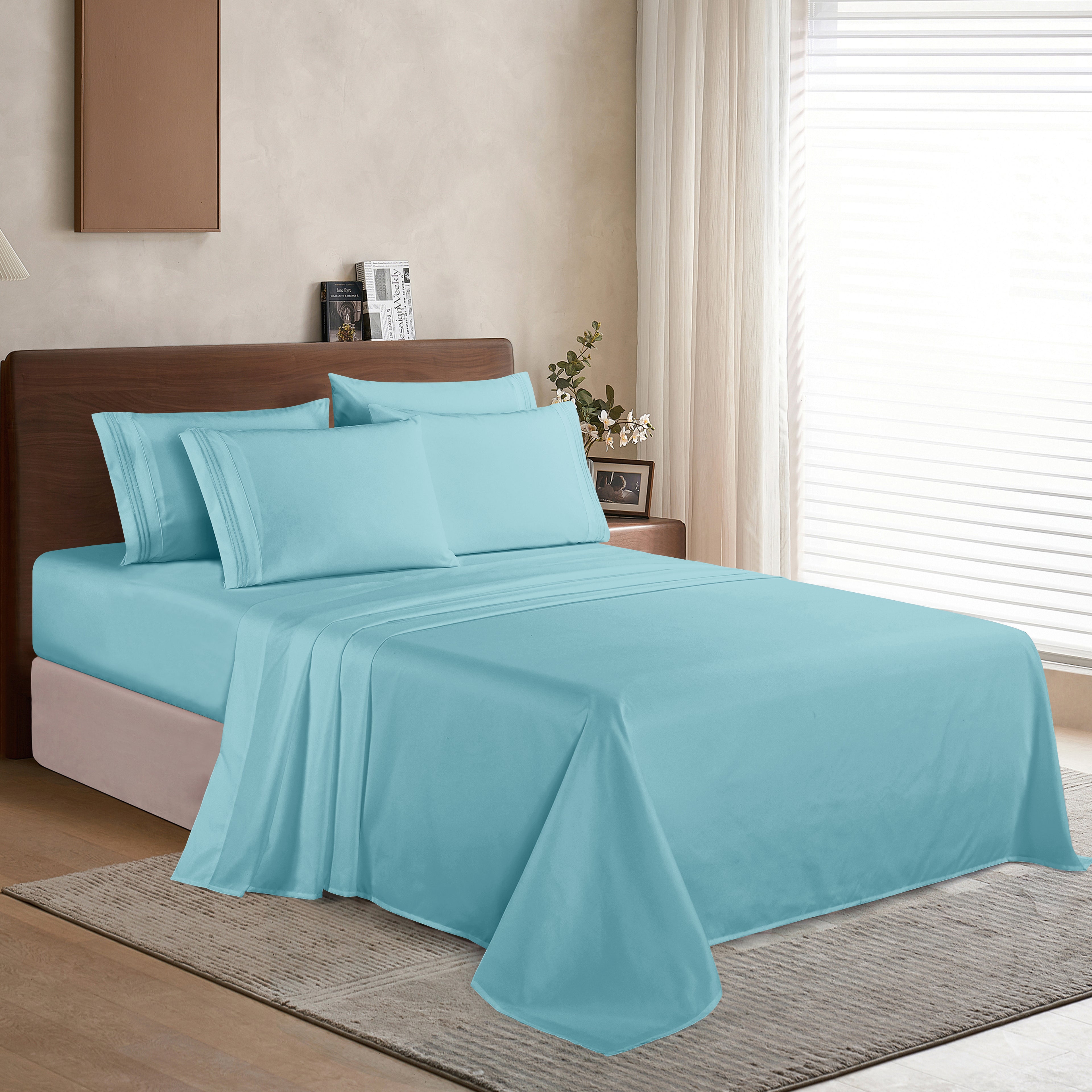 Essential 6-Piece 3-Line Embroidery Sheet Set, Soft as a Hotel Premium Quality, Bright Shades