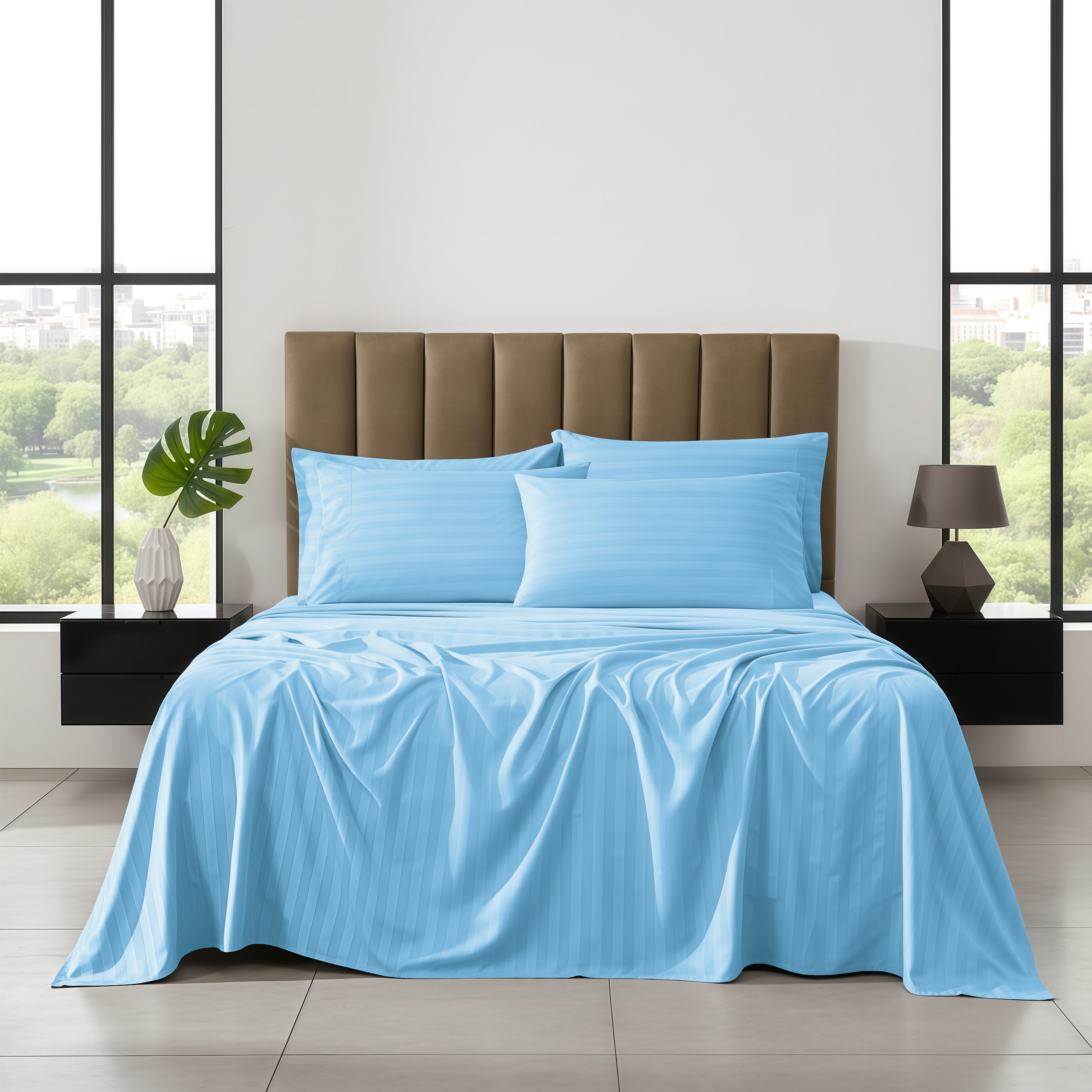 6-Piece Dobby Stripe Printed Bed Sheet Set- Soft as a Hotel Premium Quality