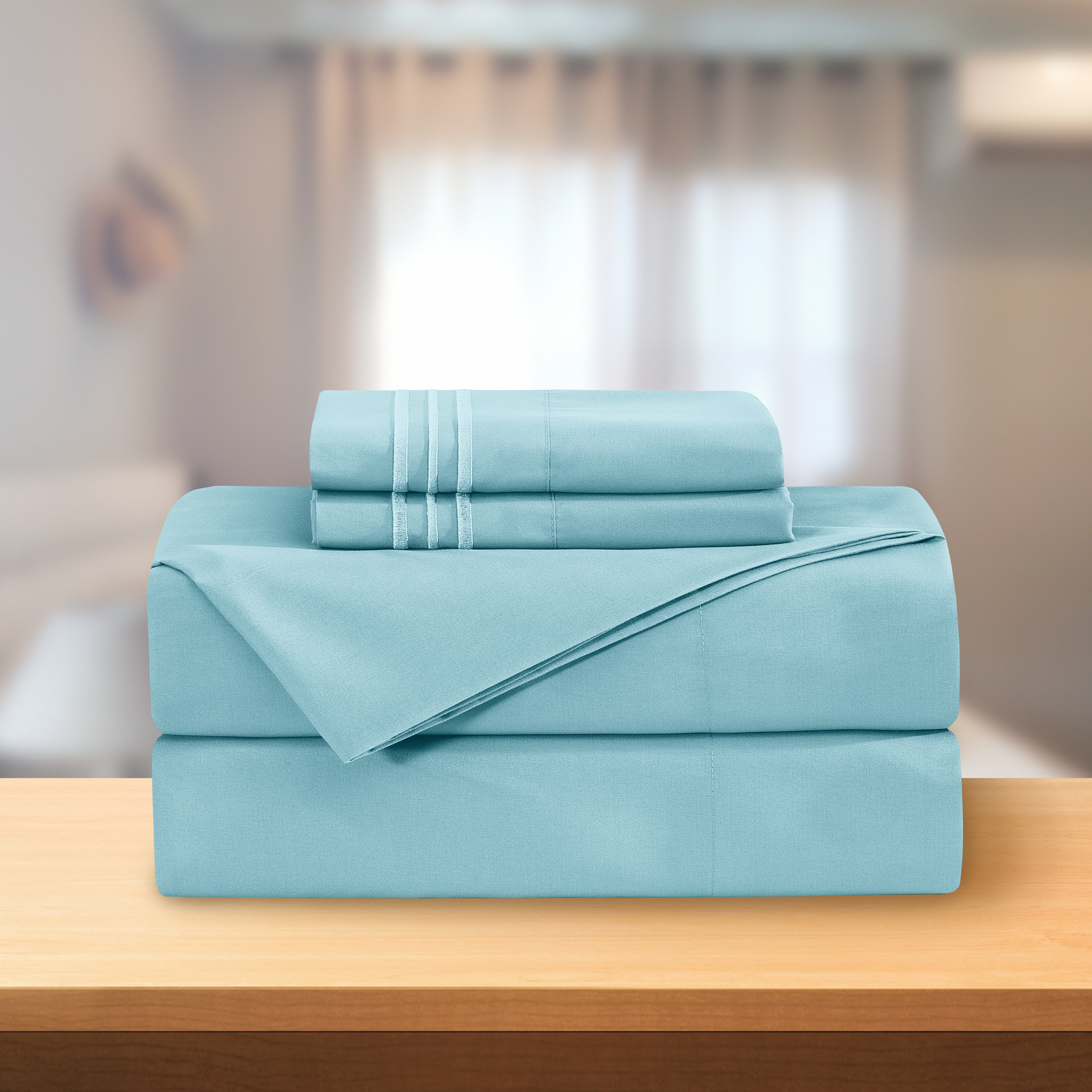 Essential Solid 3 Line Embroidery - Soft as a Hotel Premium Quality, 4-Piece Sheet Set, Bright Shades