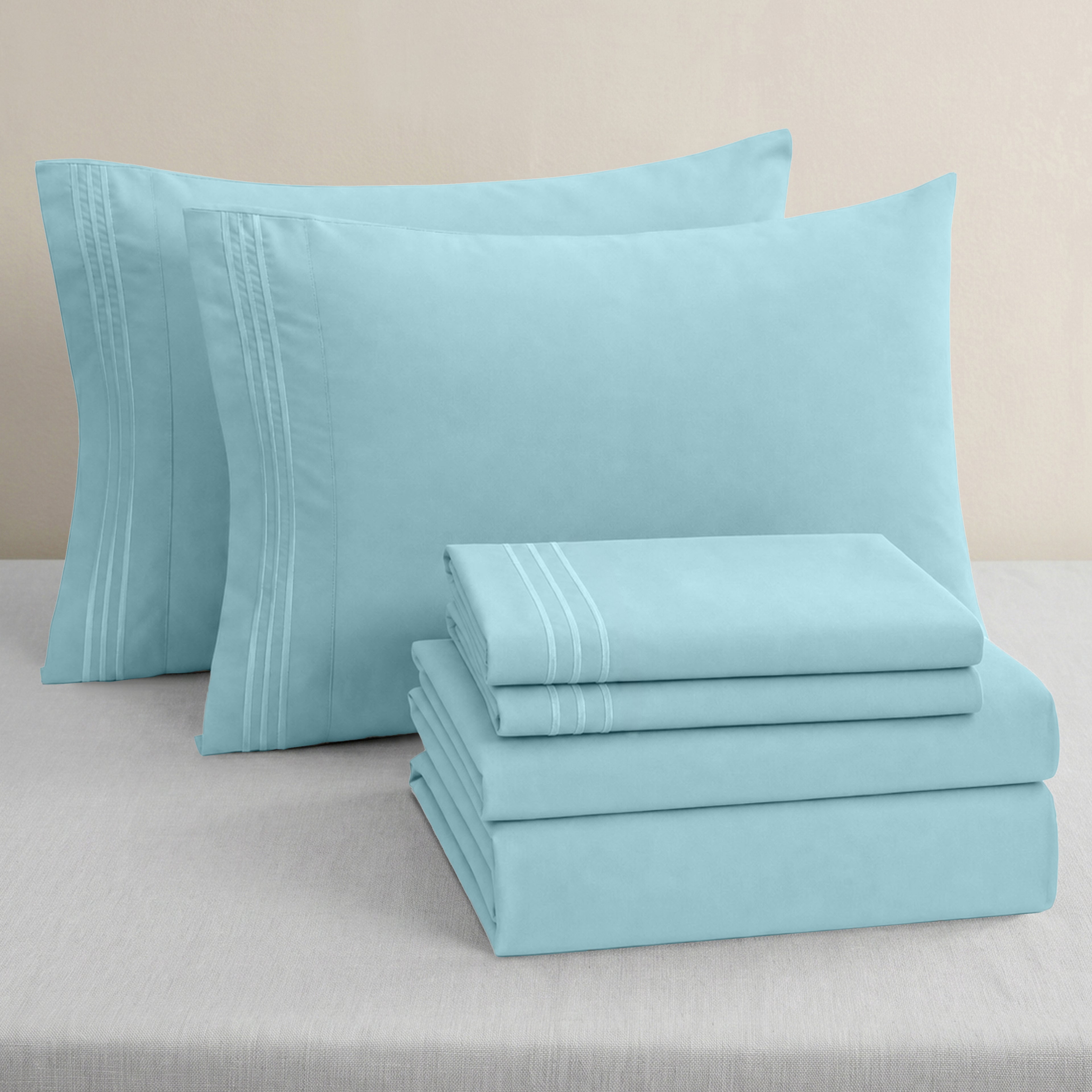Essential 6-Piece 3-Line Embroidery Sheet Set, Soft as a Hotel Premium Quality, Bright Shades