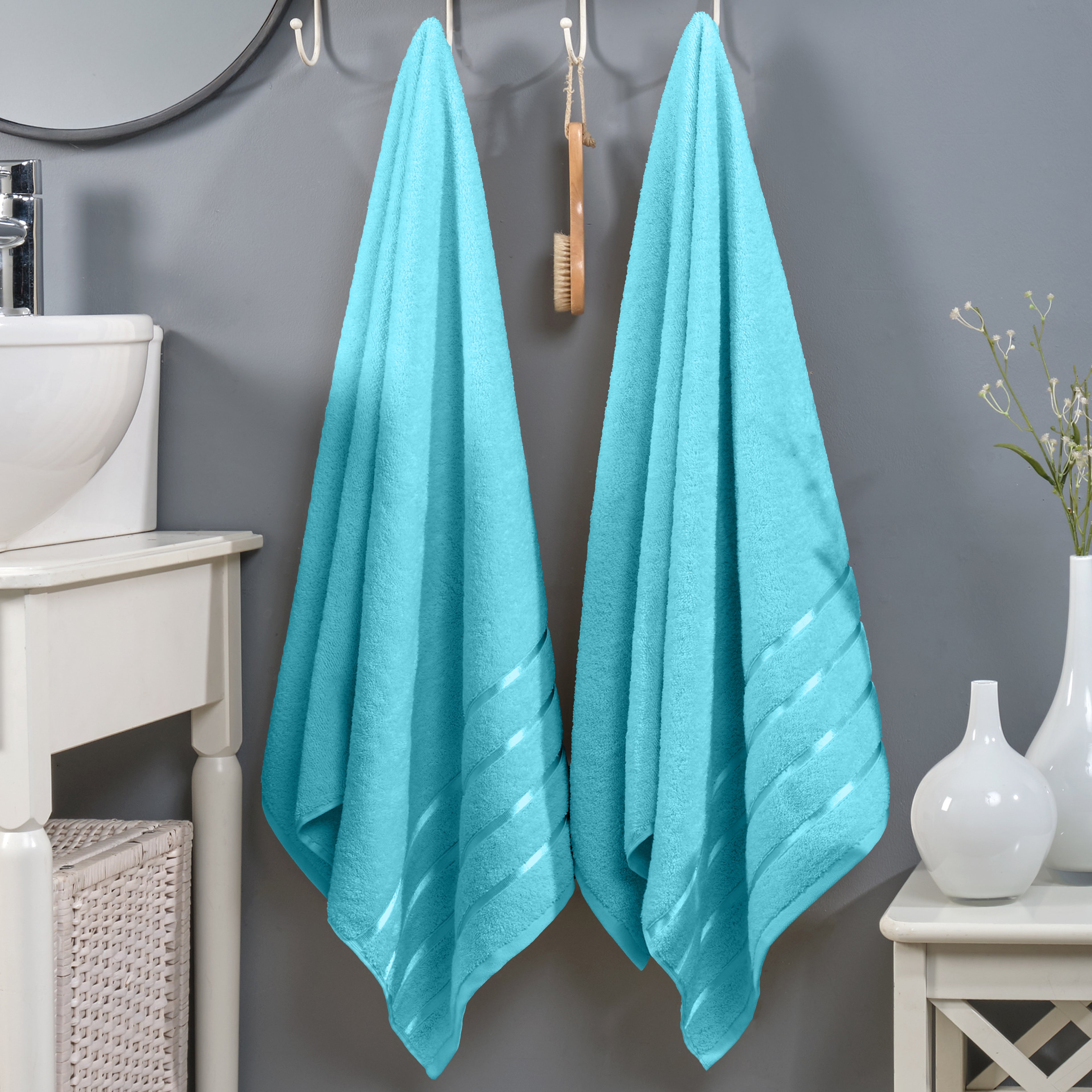 2-Pack Premium Turkish Cotton 4 Lines Stripe Bath Towel Set, 27 x 54 inch