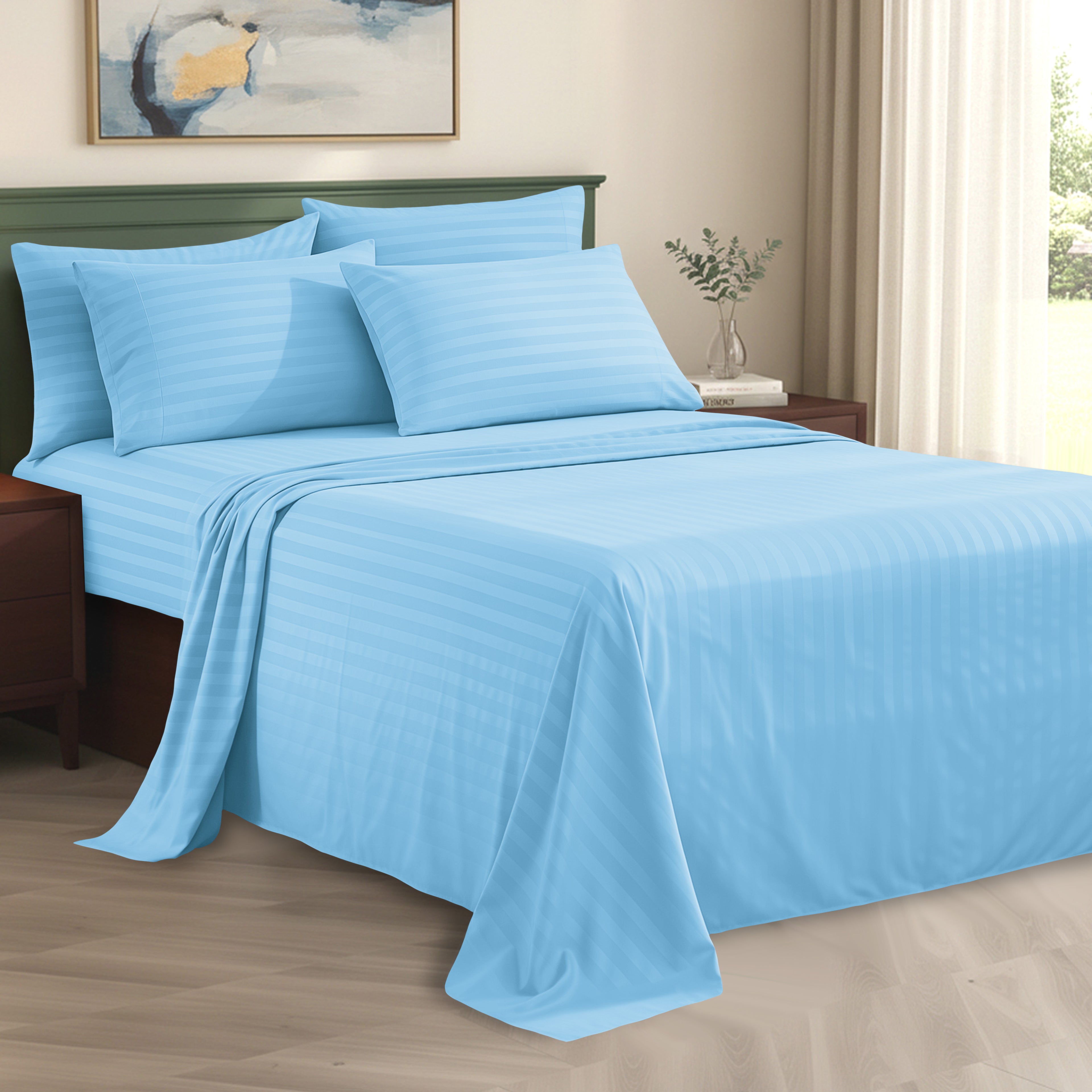 6-Piece Dobby Stripe Printed Bed Sheet Set- Soft as a Hotel Premium Quality