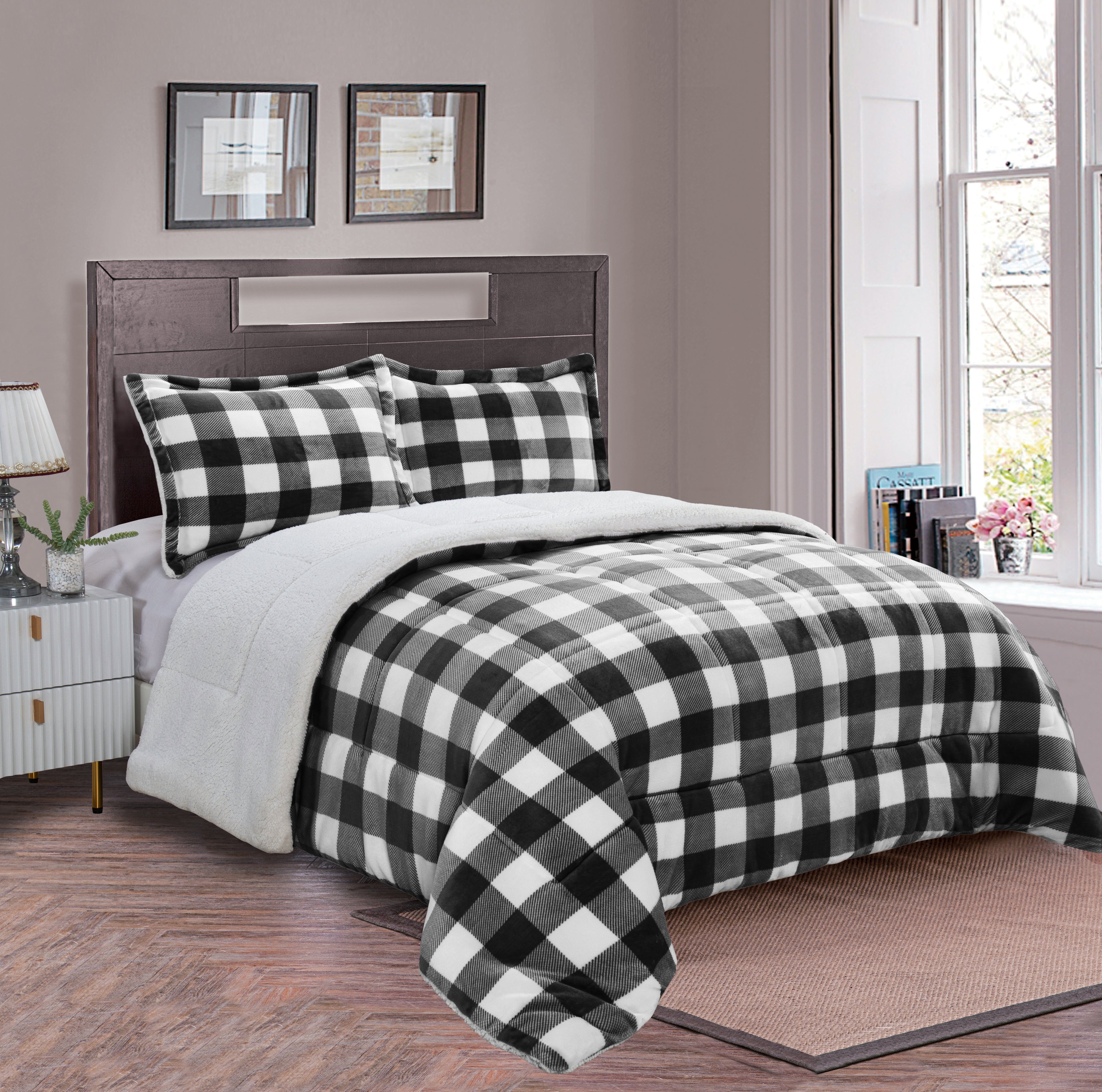 3-Piece Buffalo Micro-Suede Reversible Sherpa - Lodge-Plaid Pattern Comforter Set