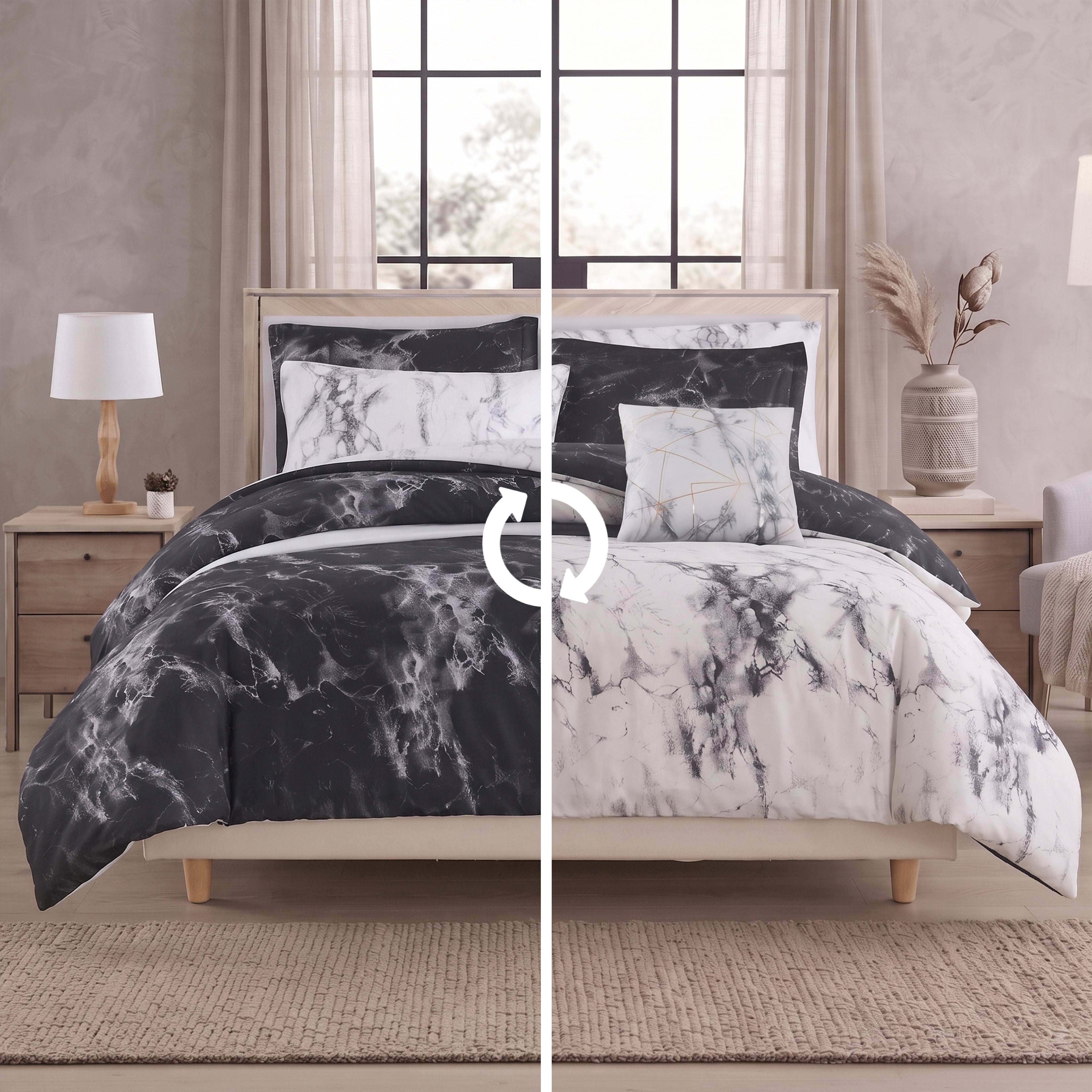 Reversible 10-Piece Marble Print Comforter Set, Includes 6-Piece Sheet Set with Double Sided Storage Pockets