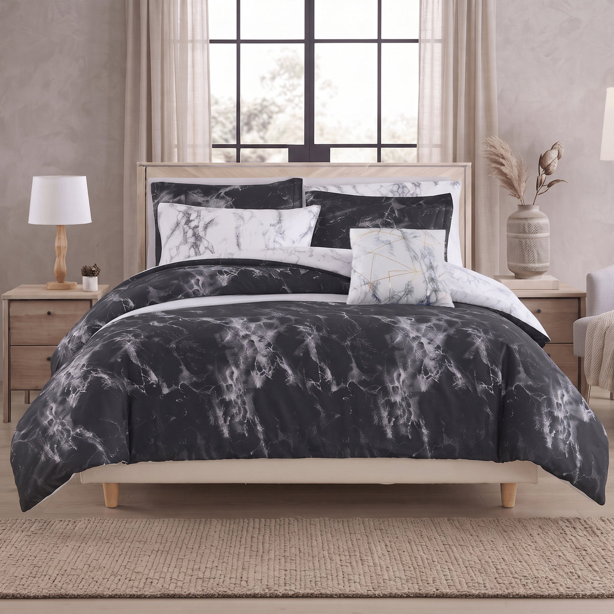 Reversible 10-Piece Marble Print Comforter Set, Includes 6-Piece Sheet Set with Double Sided Storage Pockets