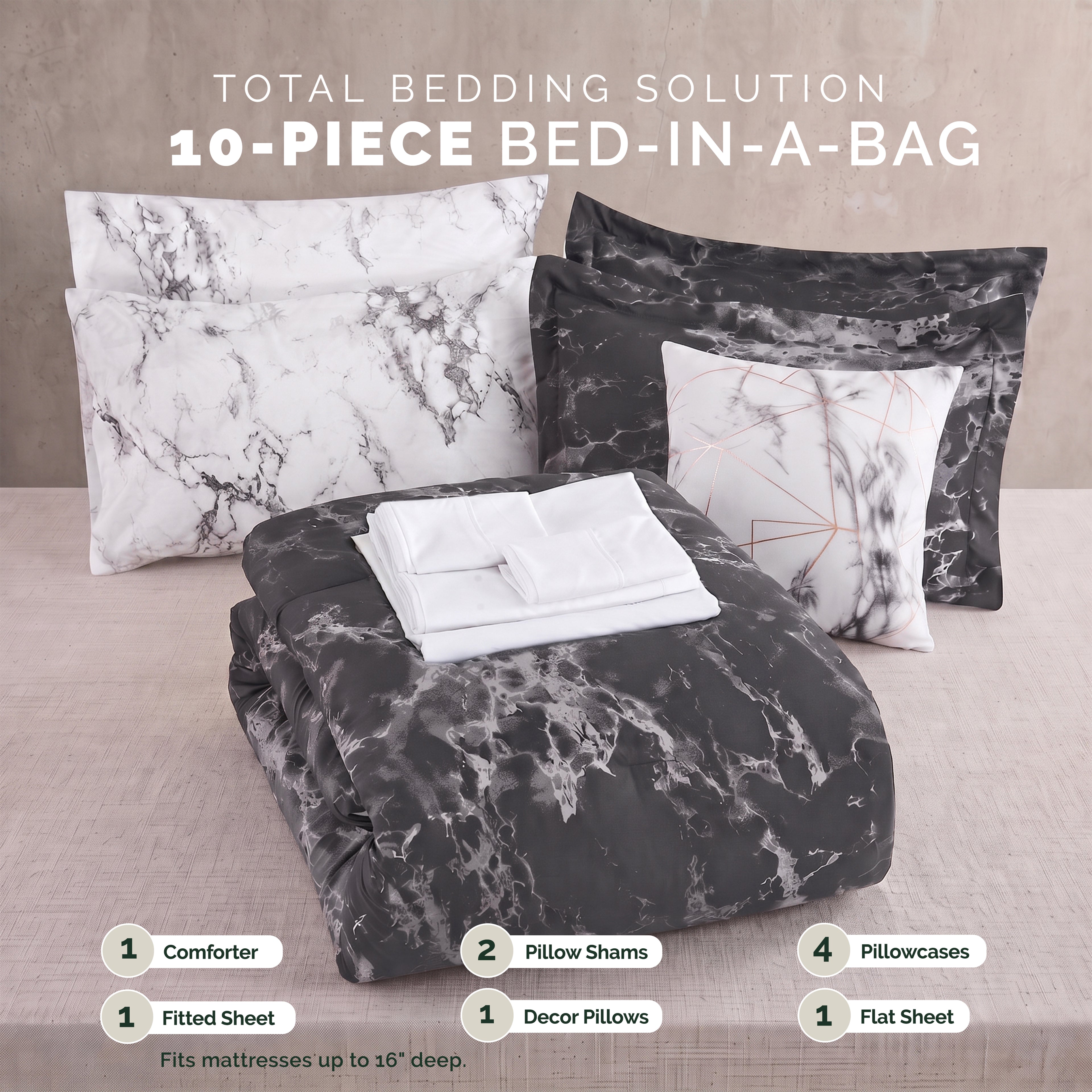 Reversible 10-Piece Marble Print Comforter Set, Includes 6-Piece Sheet Set with Double Sided Storage Pockets
