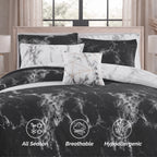 Reversible 10-Piece Marble Print Comforter Set, Includes 6-Piece Sheet Set with Double Sided Storage Pockets