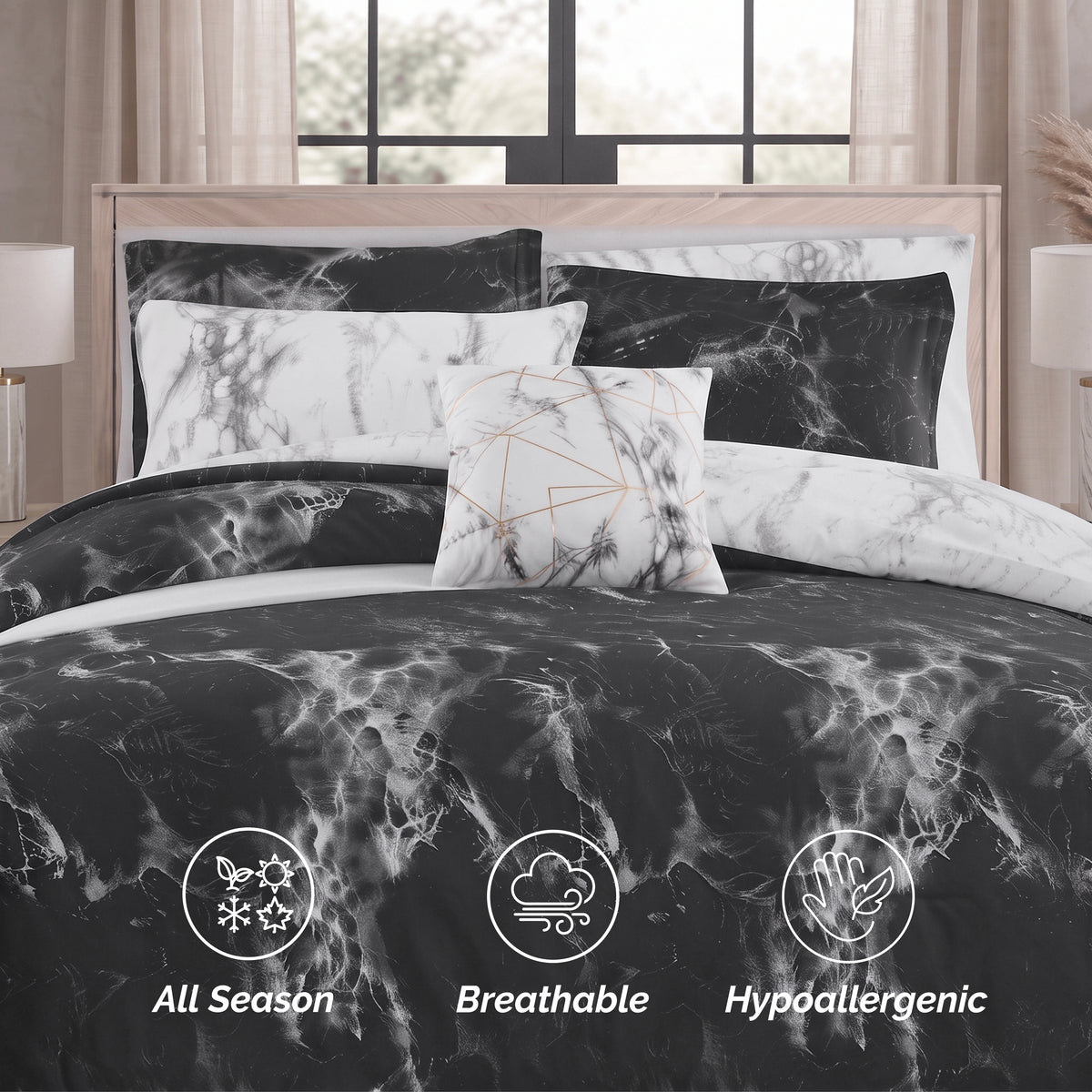 Reversible 10-Piece Marble Print Comforter Set, Includes 6-Piece Sheet Set with Double Sided Storage Pockets