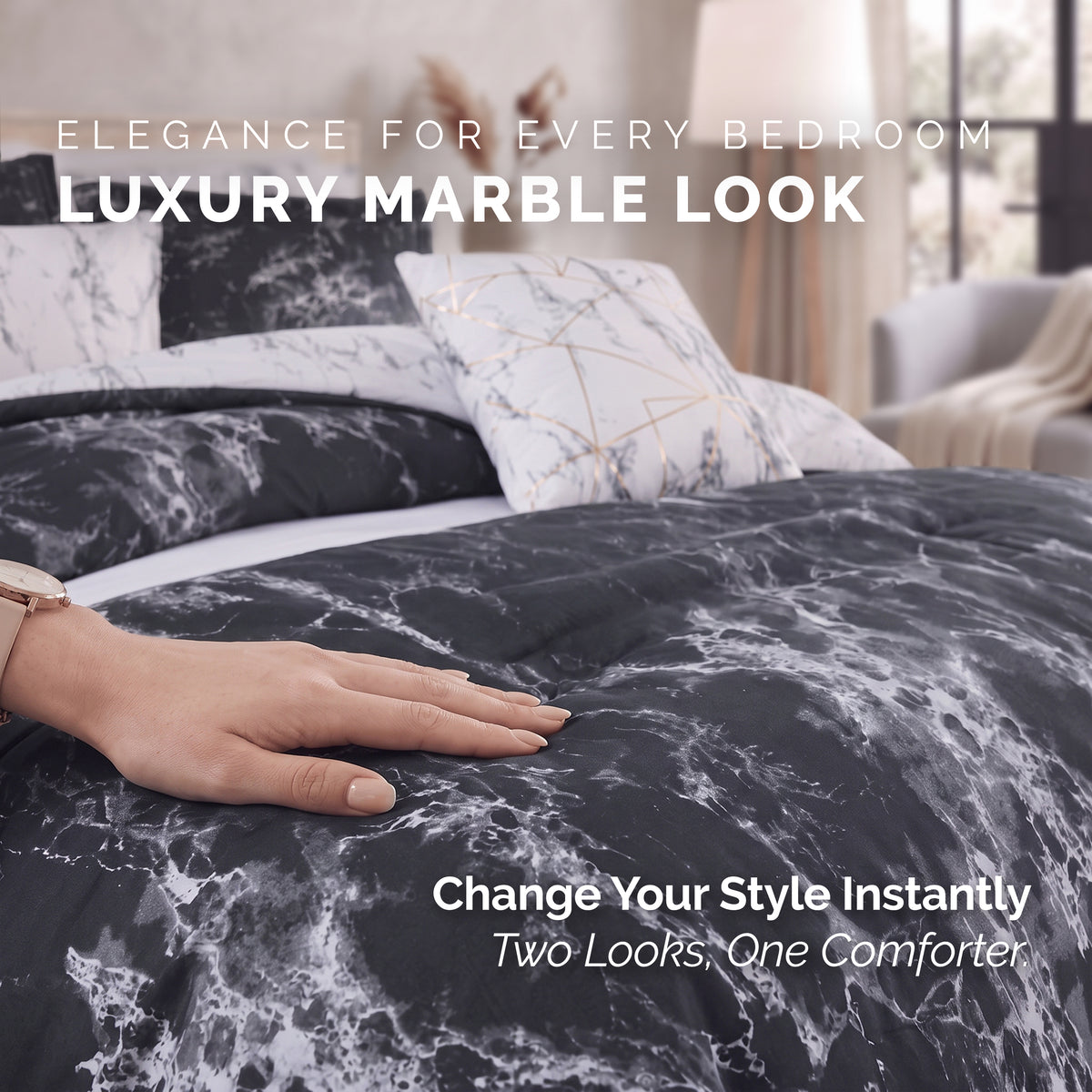 Reversible 10-Piece Marble Print Comforter Set, Includes 6-Piece Sheet Set with Double Sided Storage Pockets