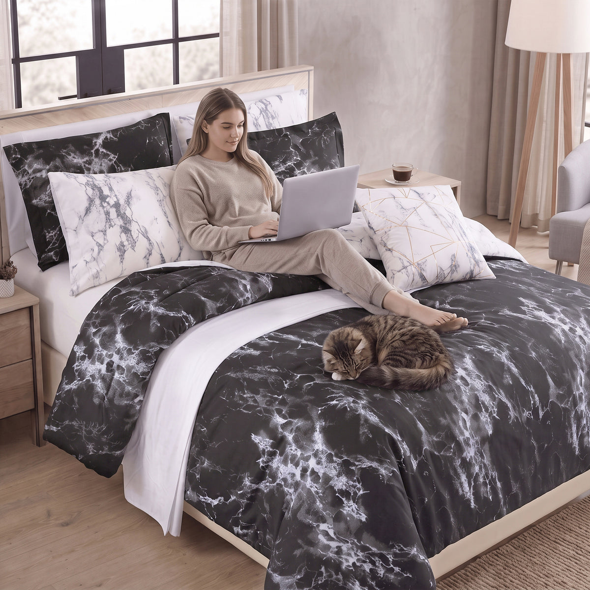 Reversible 10-Piece Marble Print Comforter Set, Includes 6-Piece Sheet Set with Double Sided Storage Pockets