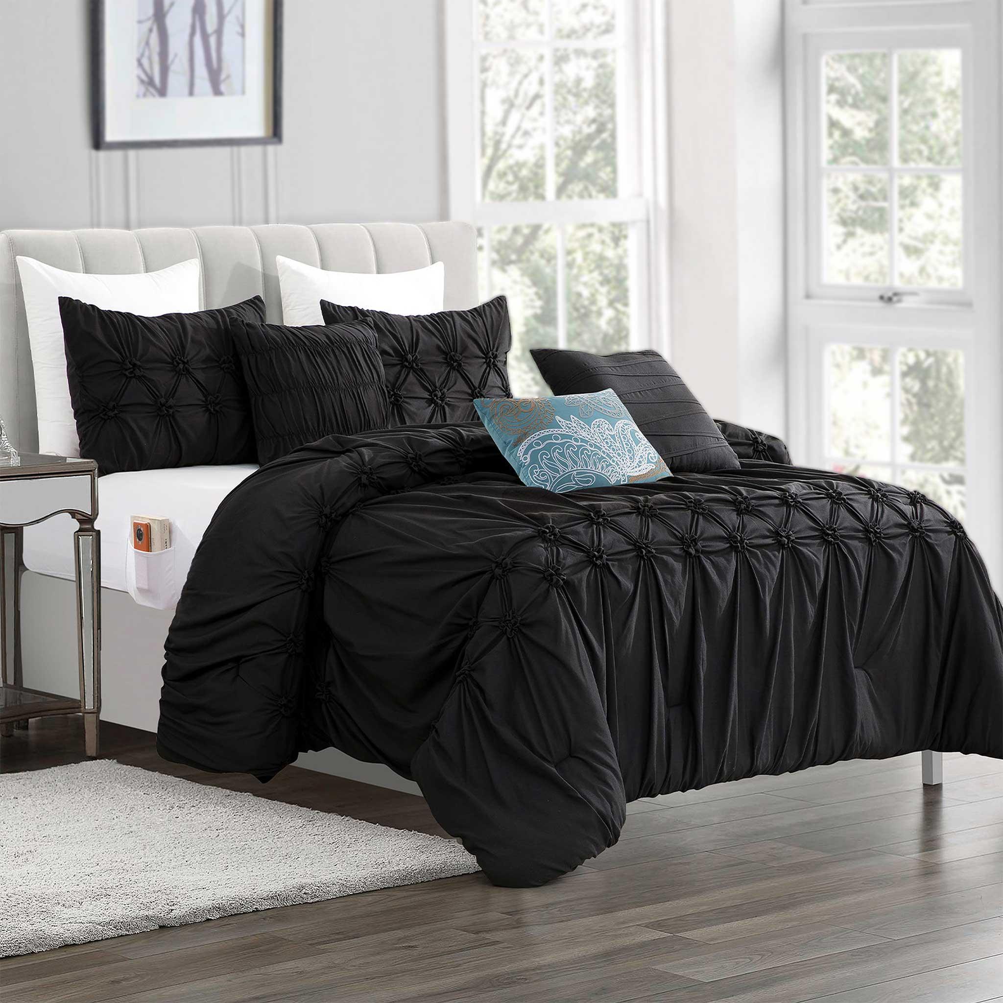 12-Piece Ella Pleated Ruched Pintuck Comforter Set, Includes 6-Piece Sheet Set with Double Sided Storage Pockets