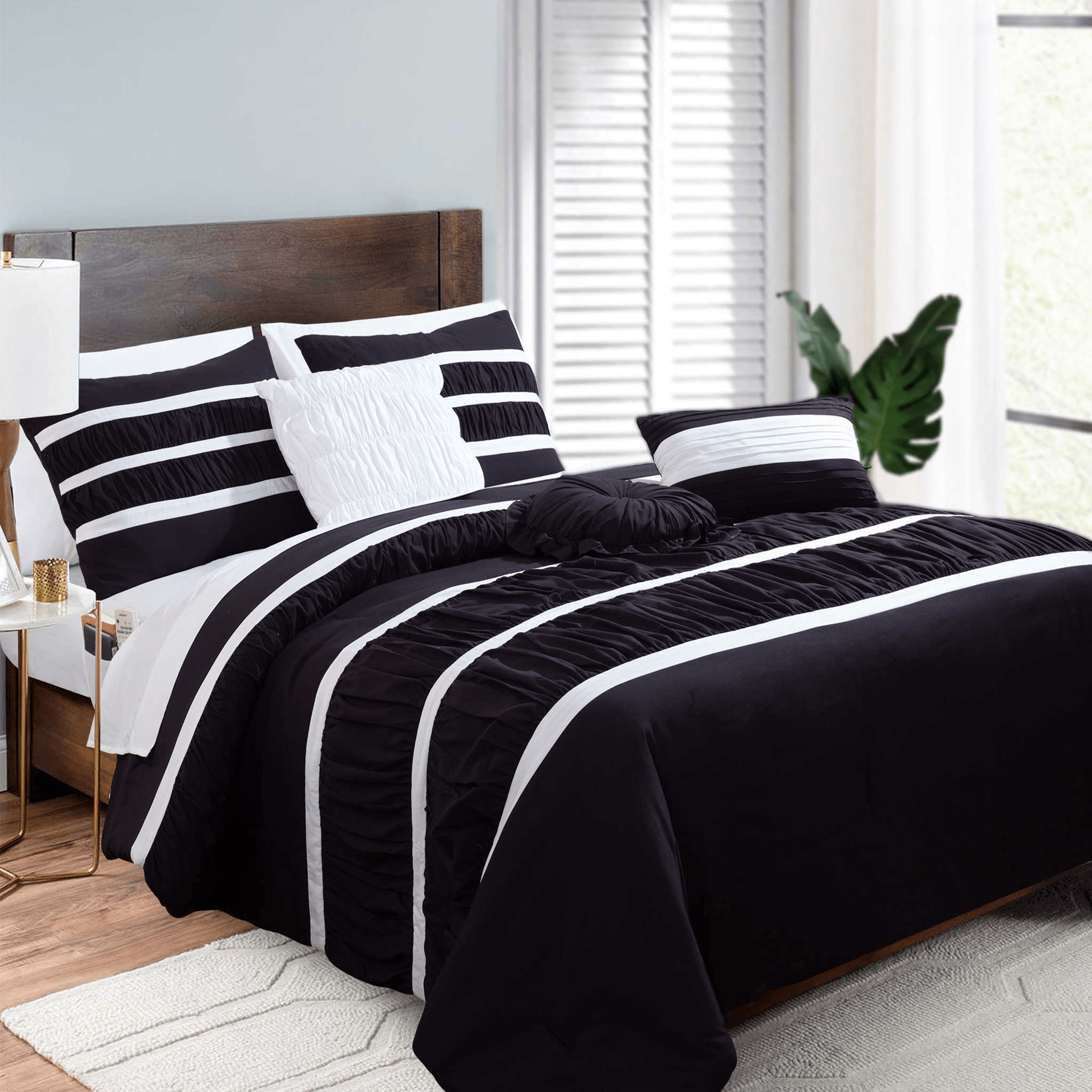 12-Piece Isabella Pleated Ruched Ruffled Comforter Set, Includes 6-Piece Sheet Set with Double Sided Storage Pockets