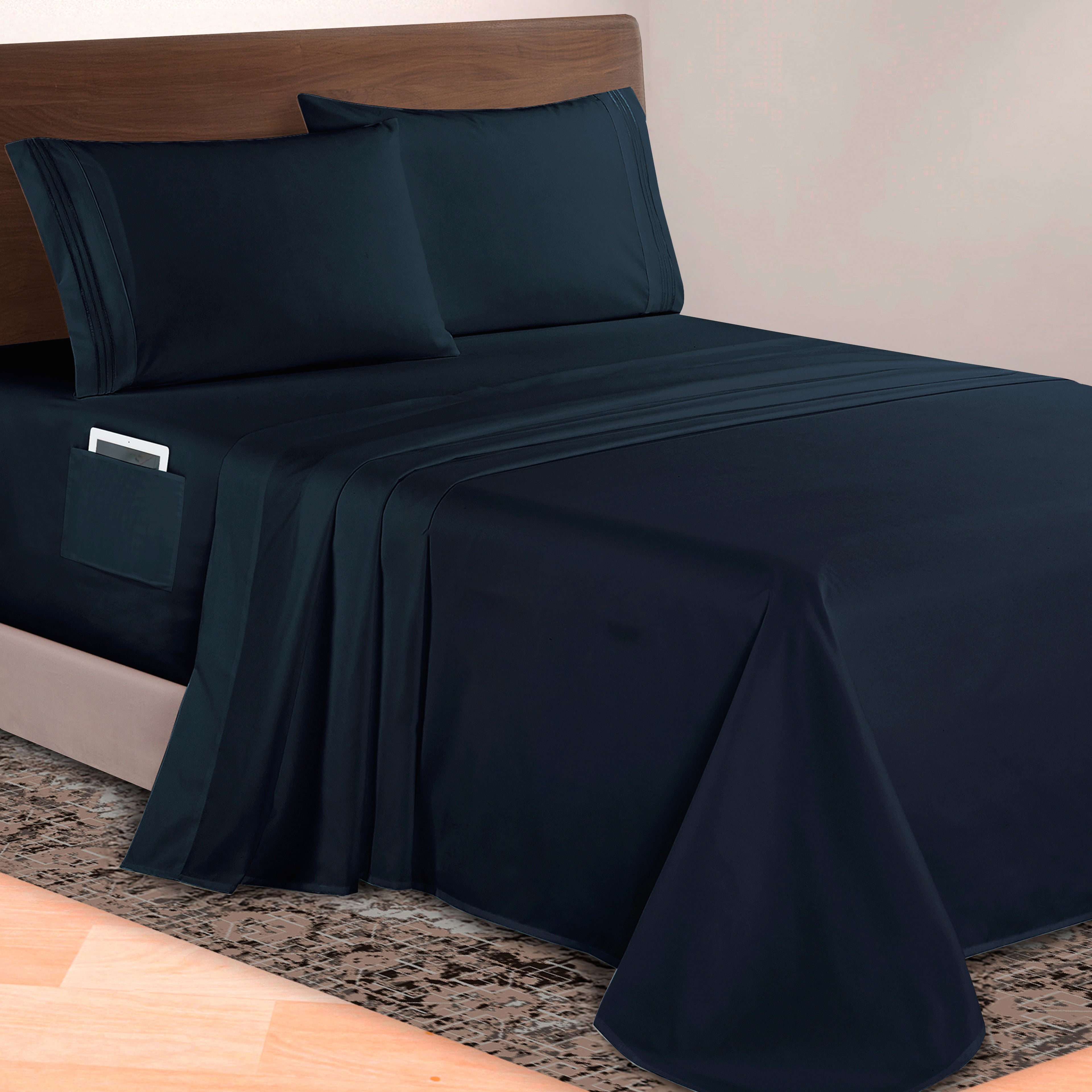 Extra deep 18-24 Inch Pocket 3 Line Embroidery, 4-Piece Sheet Set, Moody Shades