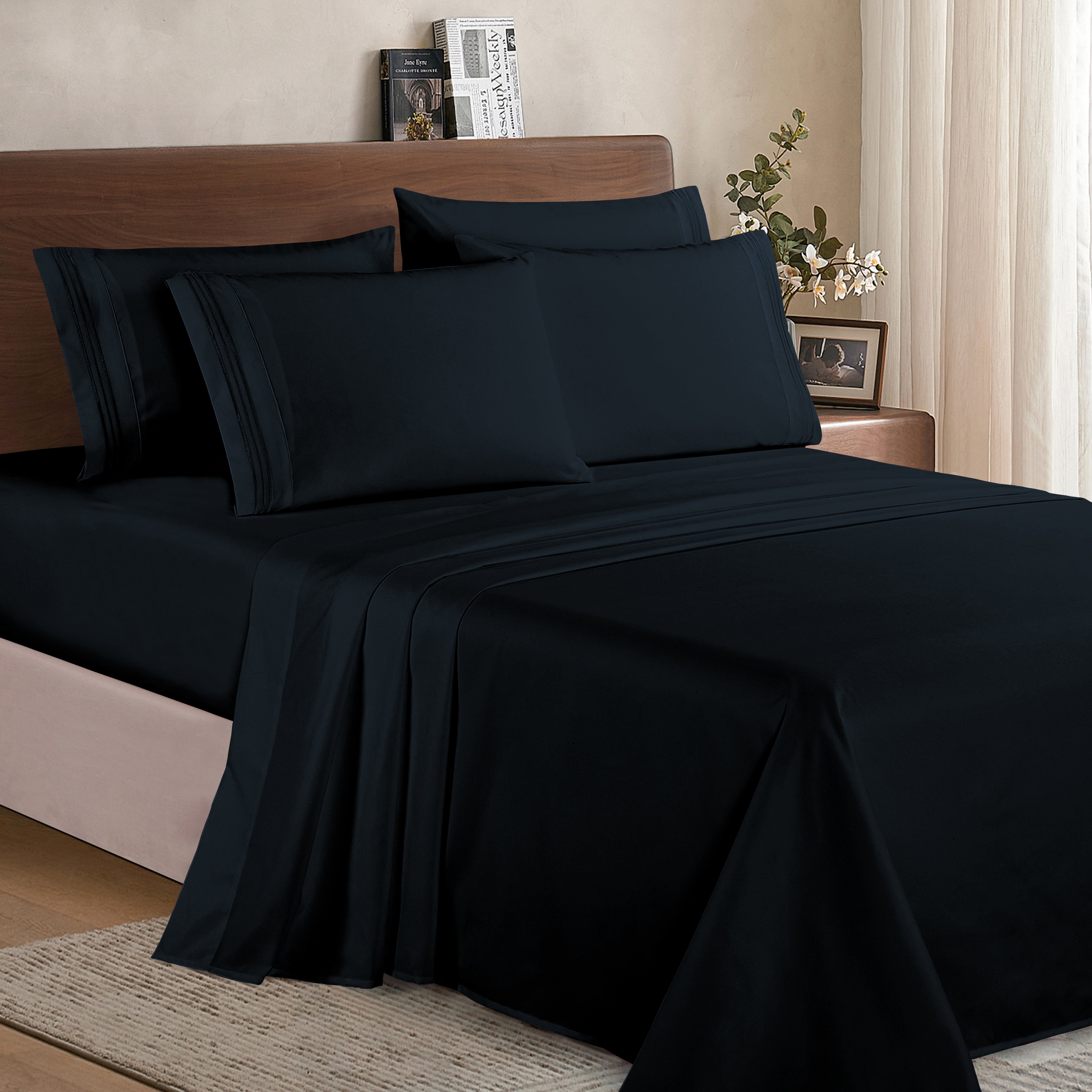 Essential 6-Piece 3-Line Embroidery Sheet Set, Soft as a Hotel Premium Quality,  Moody Shades