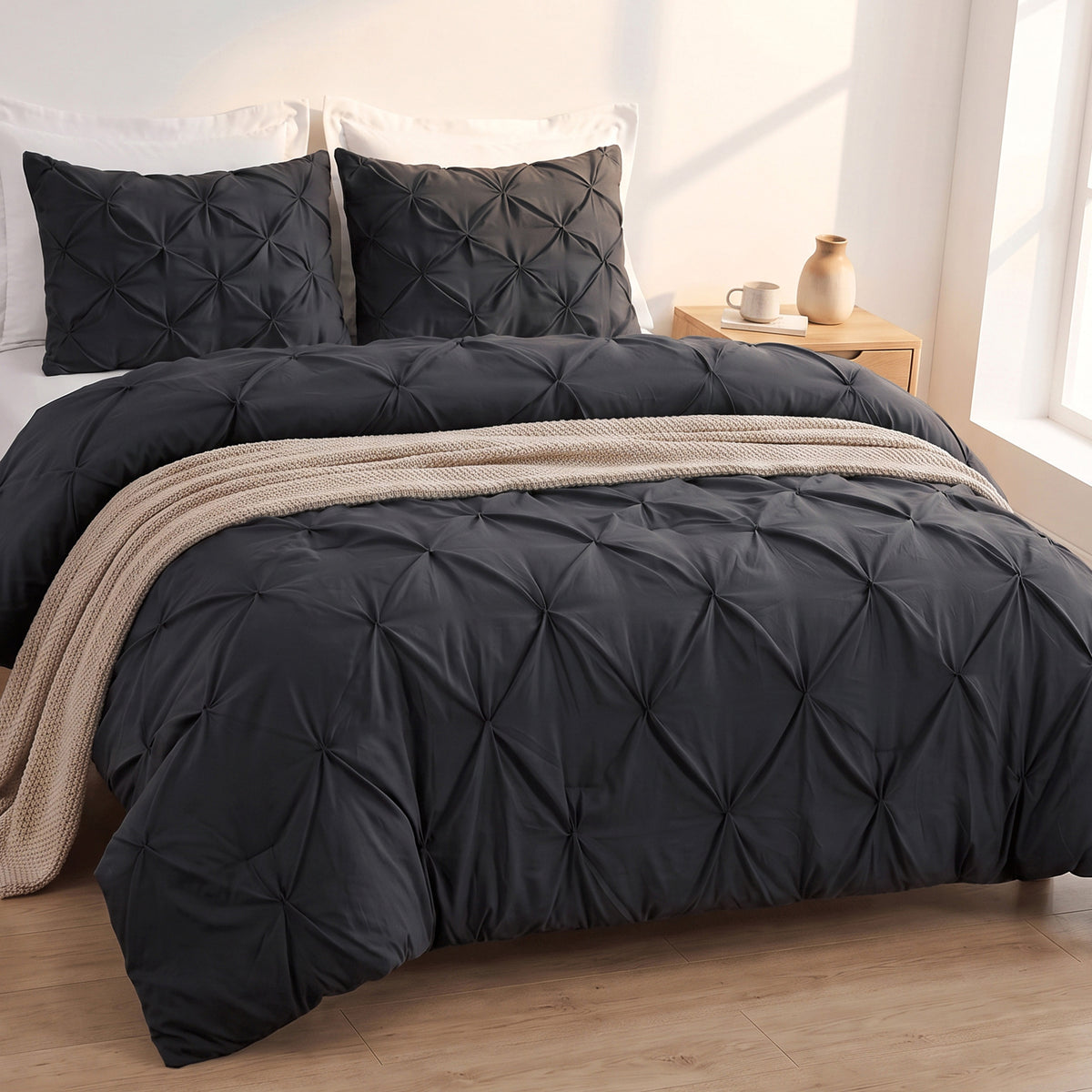 Pinch Pleated Pintuck Pattern, 3-Piece Duvet Cover Set - Features Corner Ties
