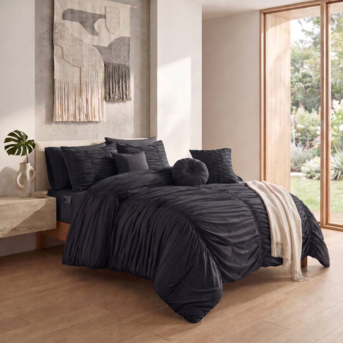 10-Piece Pleated Comforter Set - Includes 4-Piece Sheet Set with Double Sided Storage Pockets