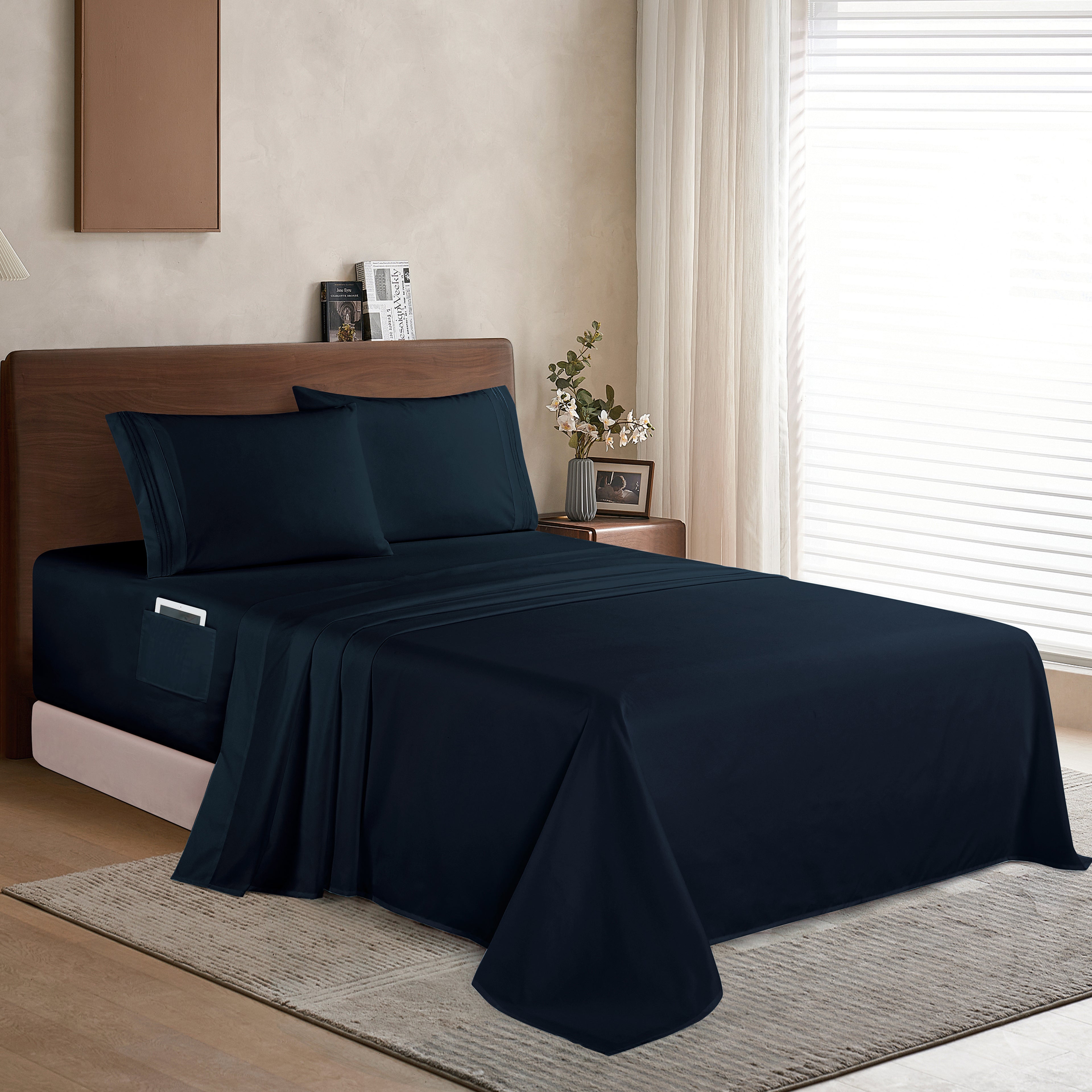 Extra deep 18-24 Inch Pocket 3 Line Embroidery, 4-Piece Sheet Set, Moody Shades