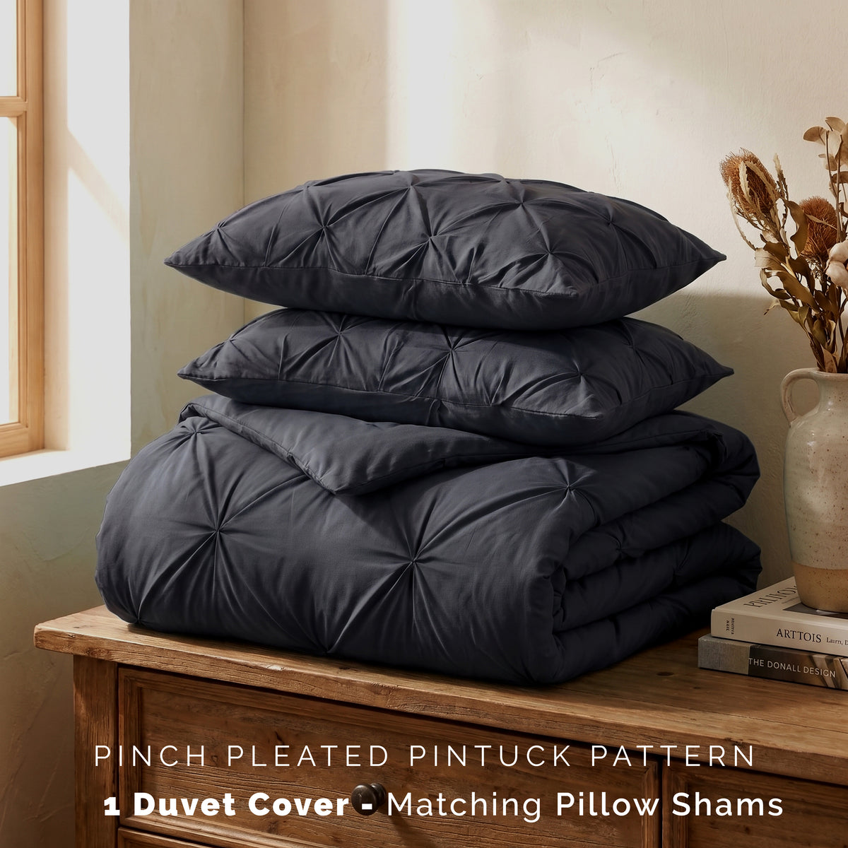 Pinch Pleated Pintuck Pattern, 3-Piece Duvet Cover Set - Features Corner Ties