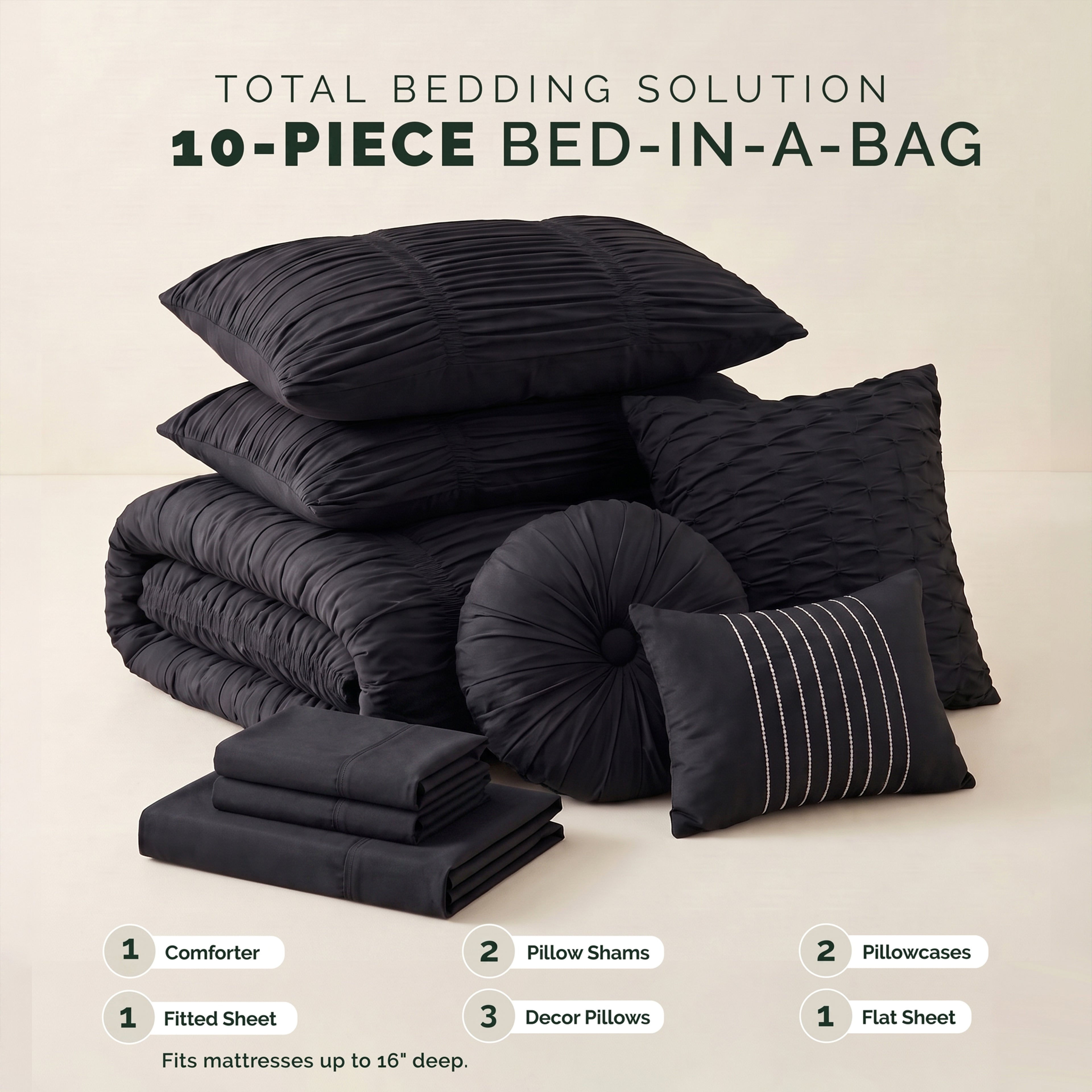 10-Piece Pleated Comforter Set - Includes 4-Piece Sheet Set with Double Sided Storage Pockets