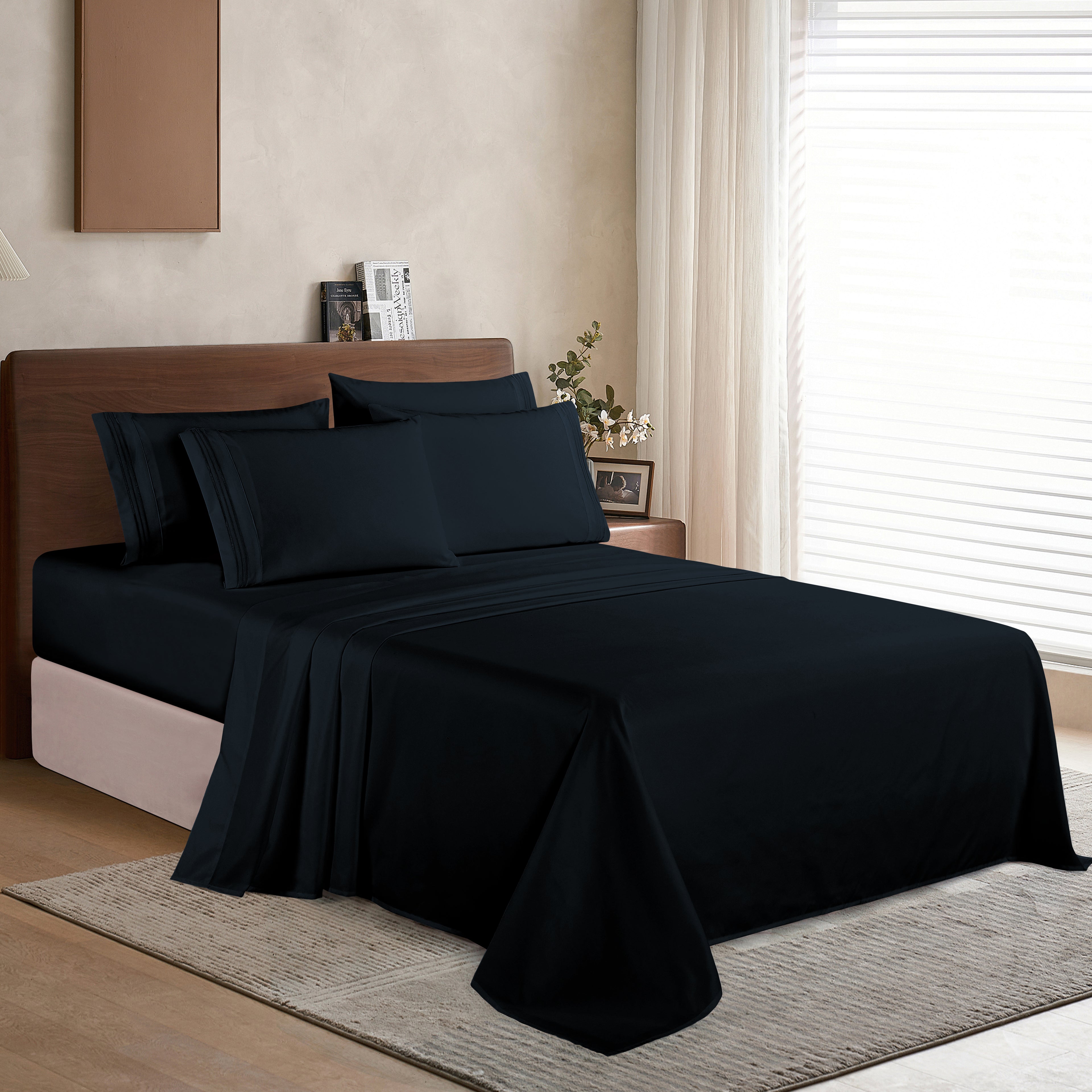 Essential 6-Piece 3-Line Embroidery Sheet Set, Soft as a Hotel Premium Quality,  Moody Shades