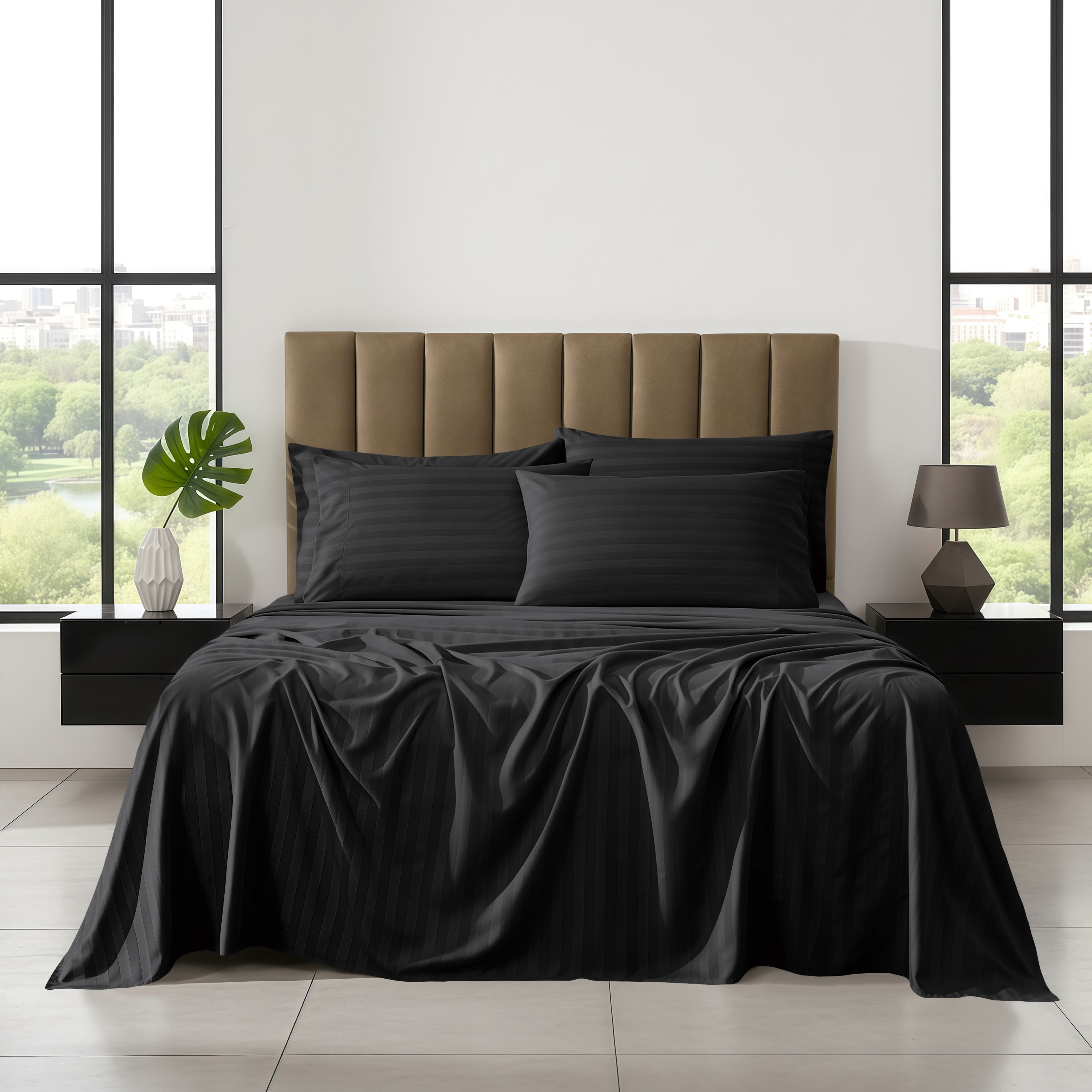 6-Piece Dobby Stripe Printed Bed Sheet Set- Soft as a Hotel Premium Quality