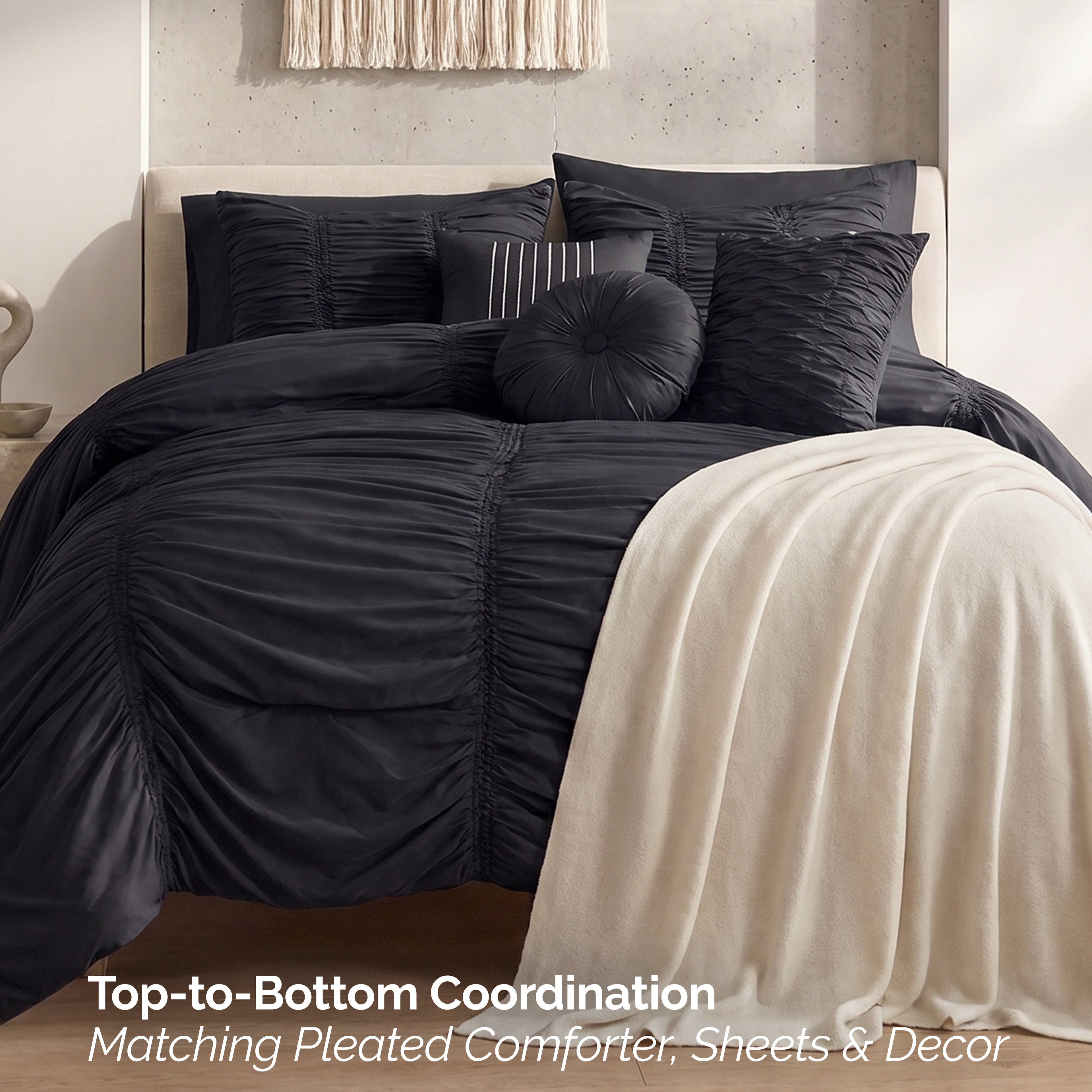 10-Piece Pleated Comforter Set - Includes 4-Piece Sheet Set with Double Sided Storage Pockets