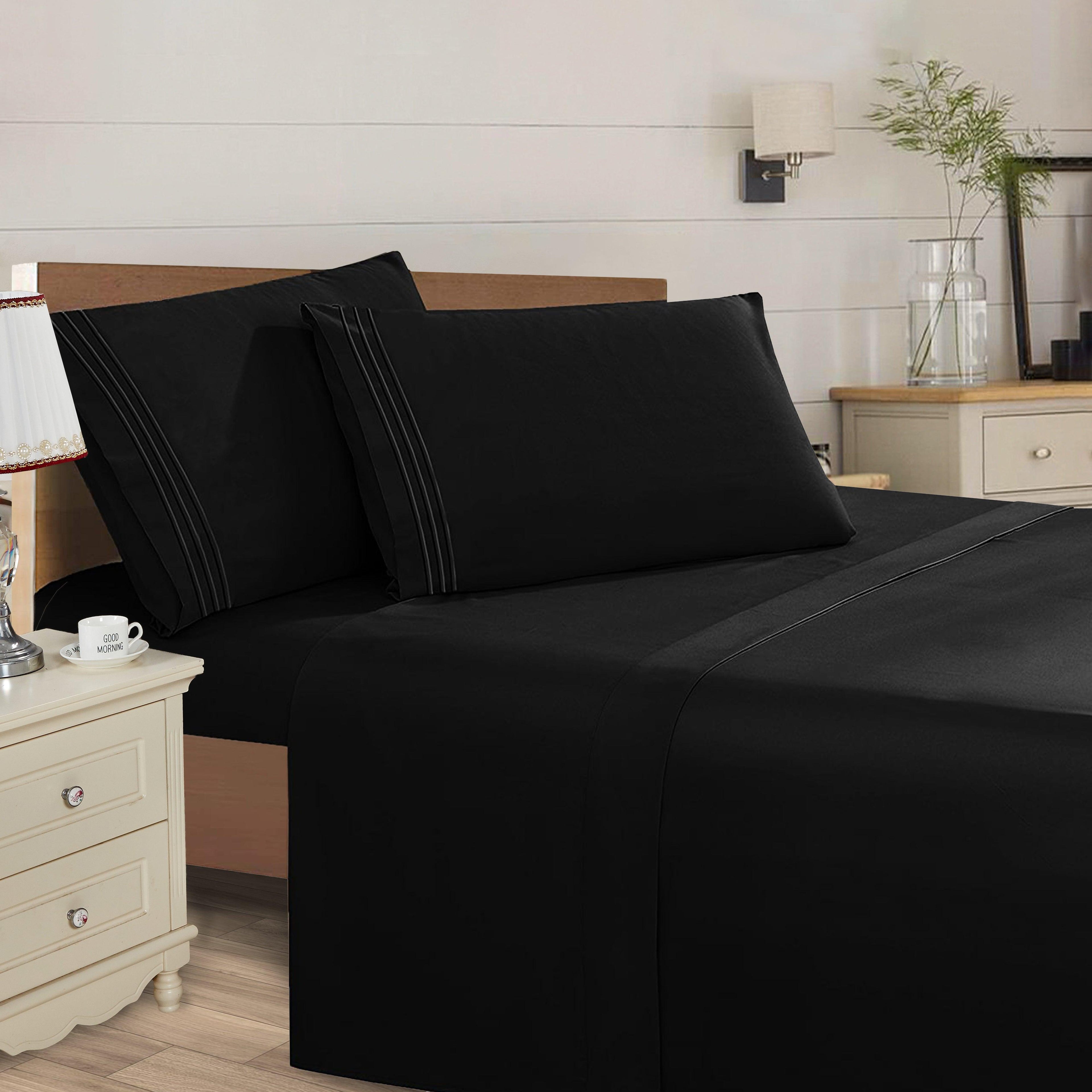 Essential 4-Piece 3-Line Embroidery Sheet Set, Soft as a Hotel Premium Quality,  Moody Shades