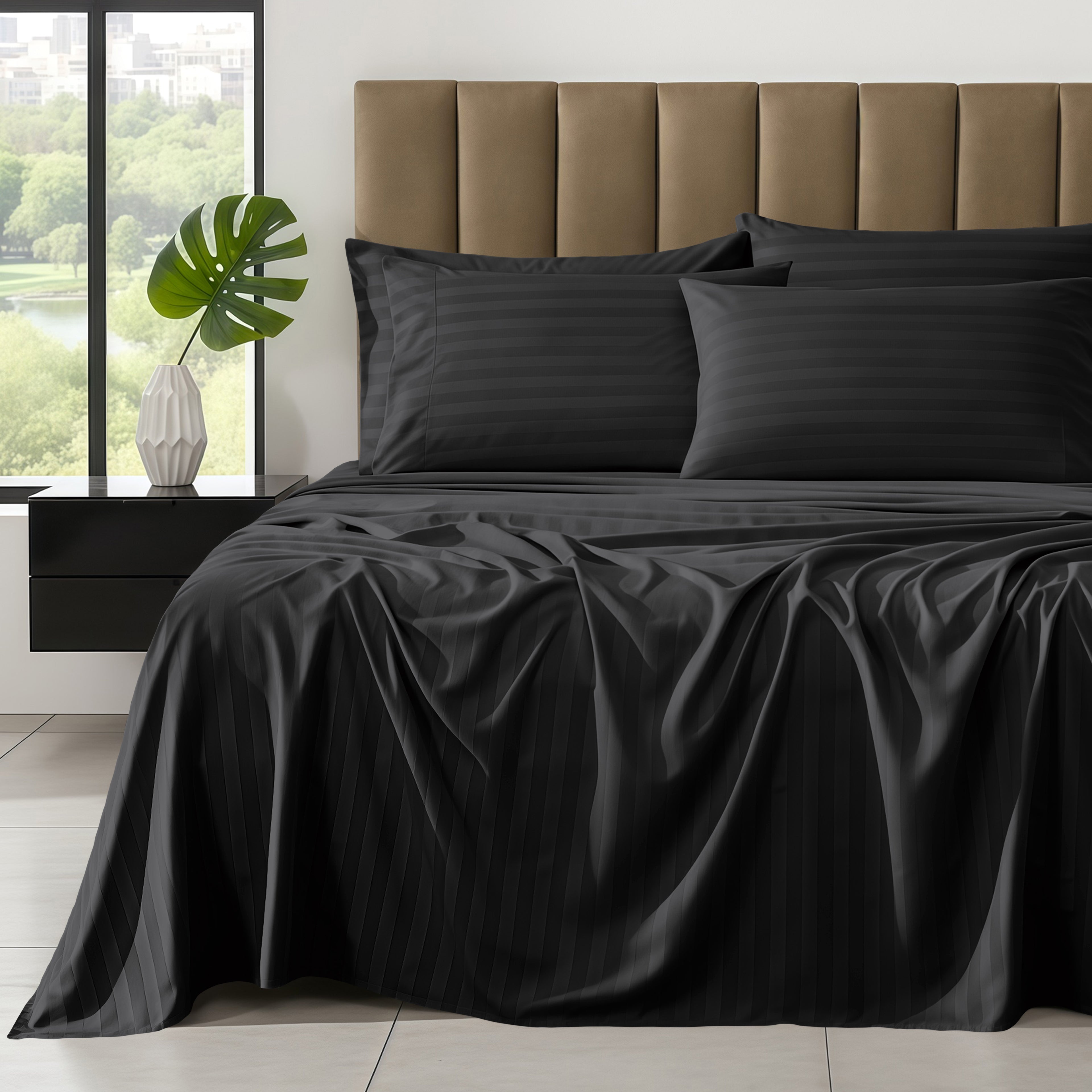 6-Piece Dobby Stripe Printed Bed Sheet Set- Soft as a Hotel Premium Quality