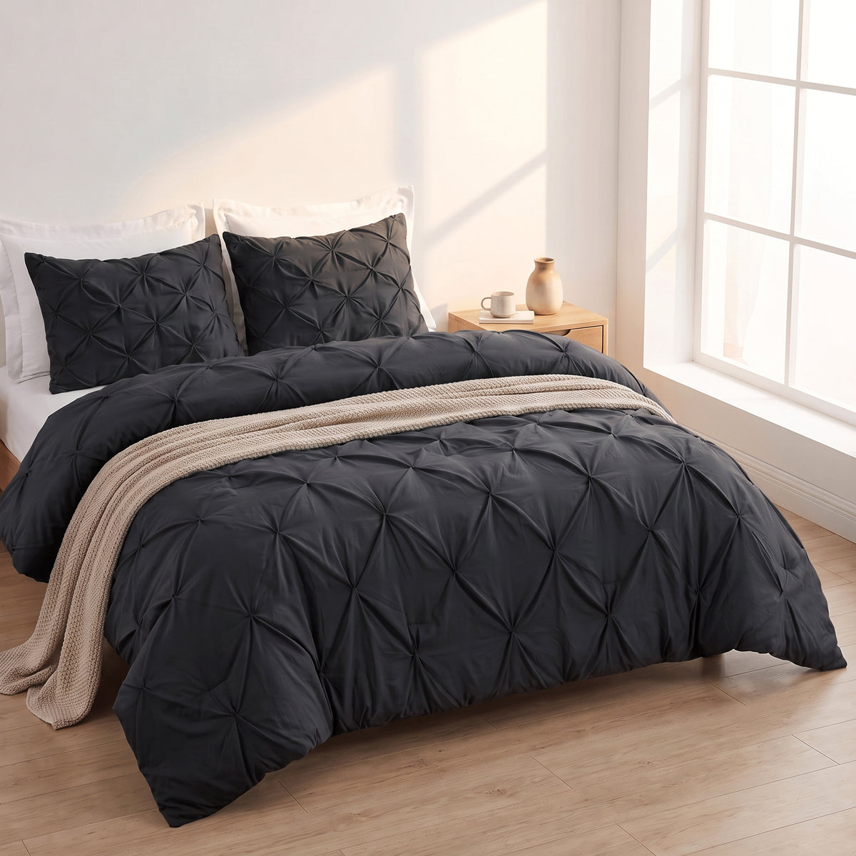Pinch Pleated Pintuck Pattern, 3-Piece Duvet Cover Set - Features Corner Ties