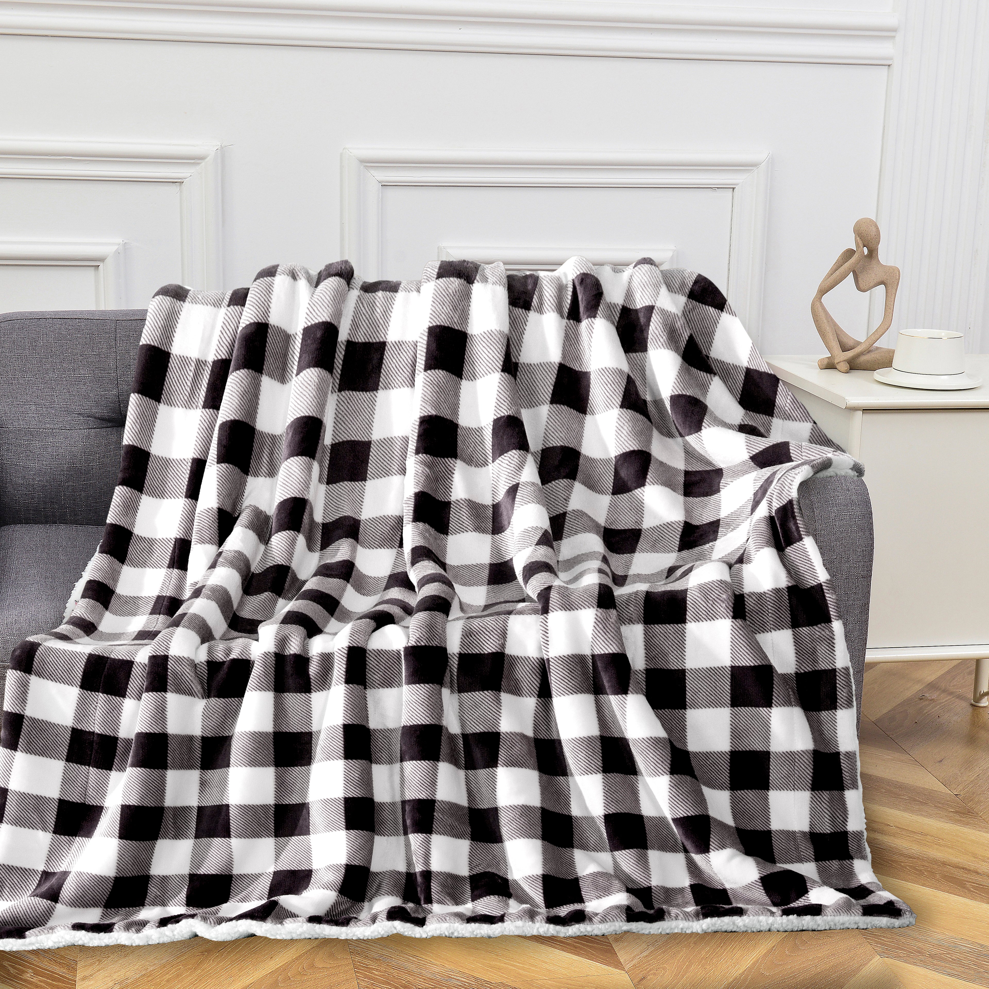 Buffalo Plaid Flannel Fleece Sherpa Throw Blanket
