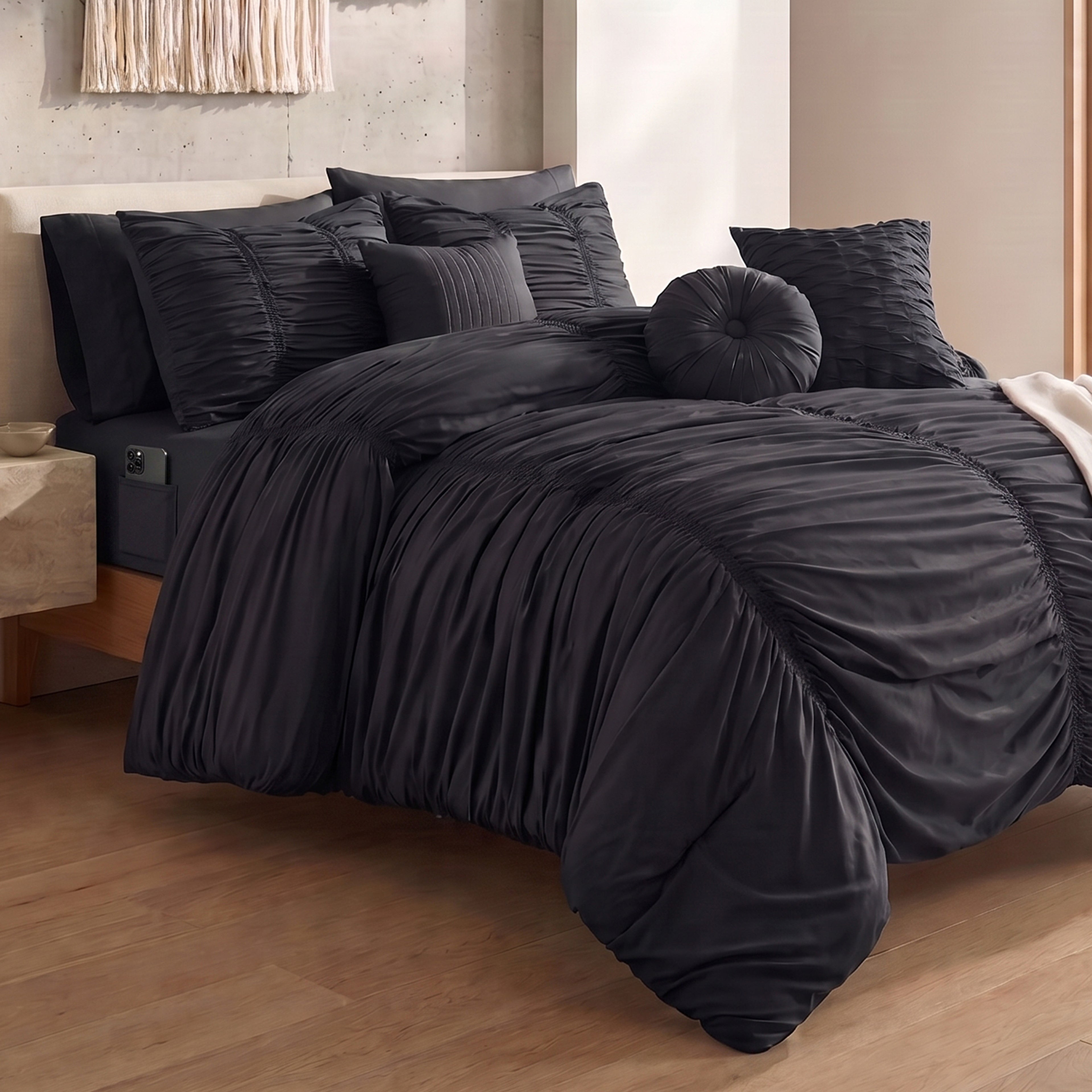 10-Piece Pleated Comforter Set - Includes 4-Piece Sheet Set with Double Sided Storage Pockets