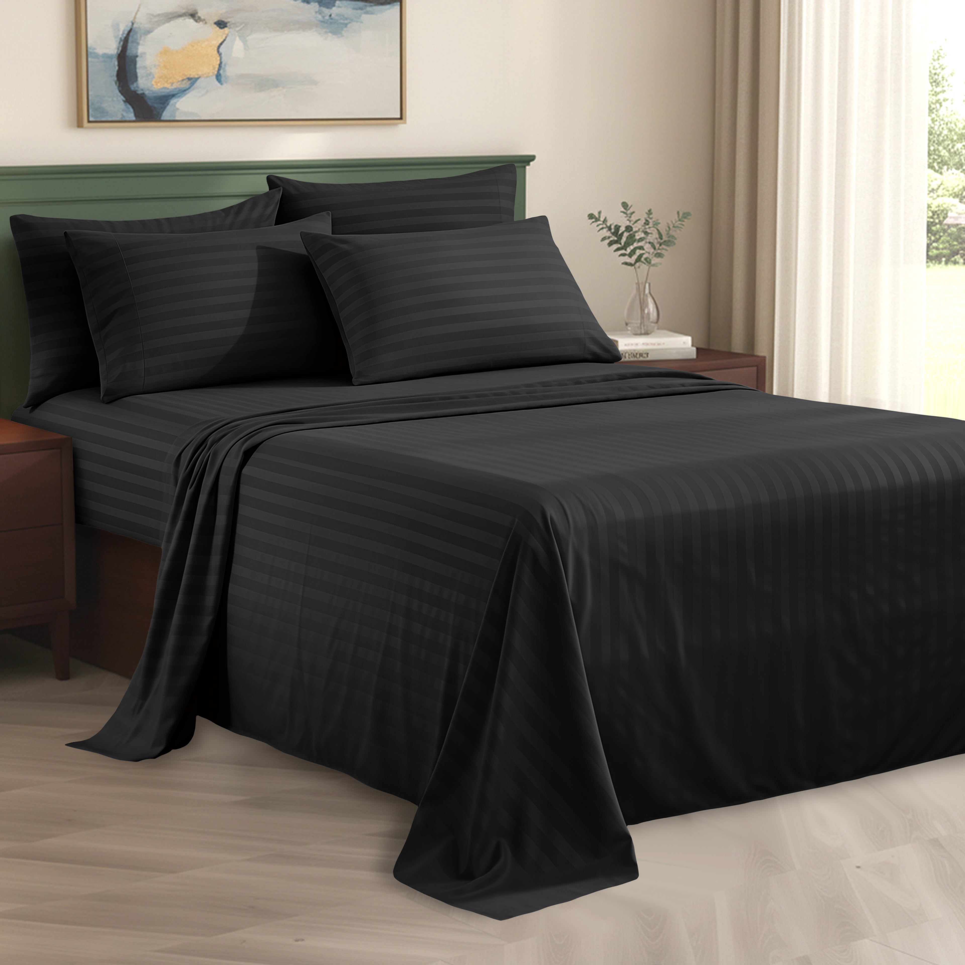 6-Piece Dobby Stripe Printed Bed Sheet Set- Soft as a Hotel Premium Quality