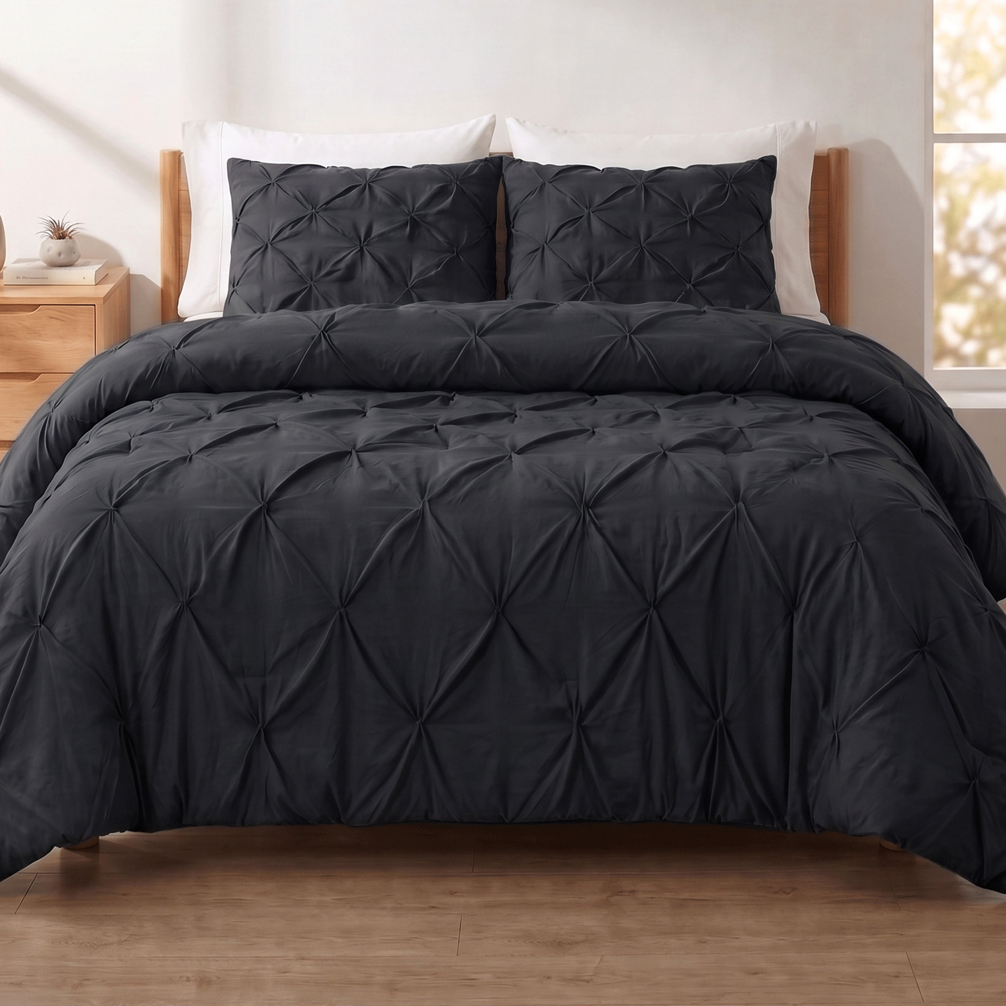 Pinch Pleated Pintuck Pattern, 3-Piece Duvet Cover Set - Features Corner Ties