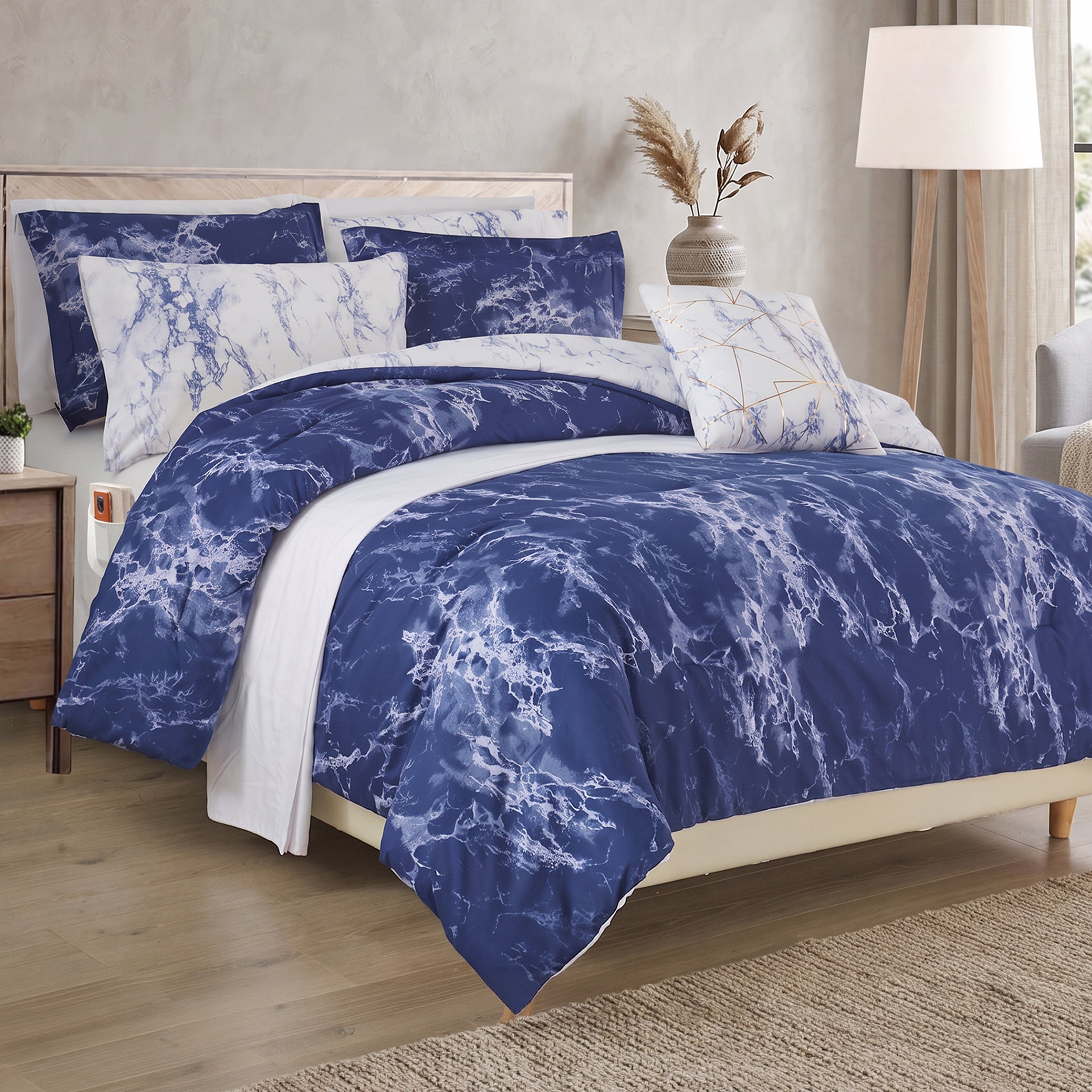 Reversible 10-Piece Marble Print Comforter Set, Includes 6-Piece Sheet Set with Double Sided Storage Pockets