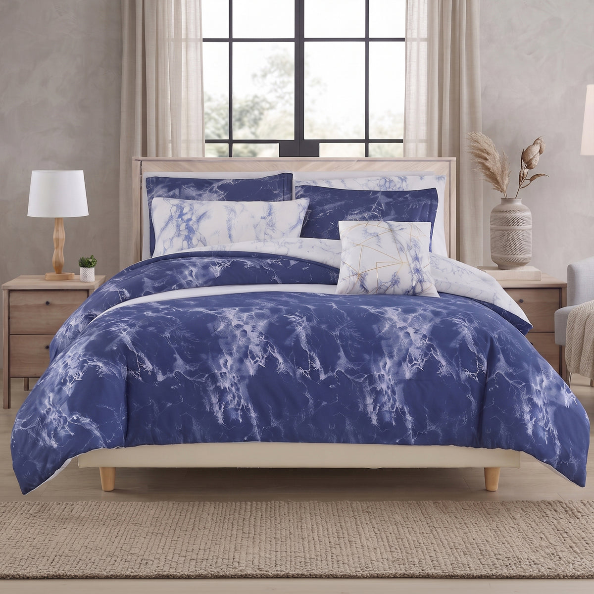 Reversible 10-Piece Marble Print Comforter Set, Includes 6-Piece Sheet Set with Double Sided Storage Pockets