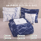 Reversible 10-Piece Marble Print Comforter Set, Includes 6-Piece Sheet Set with Double Sided Storage Pockets