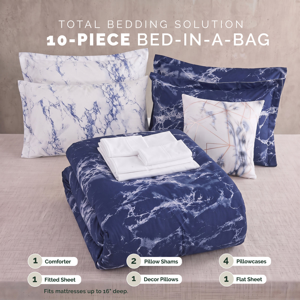 Reversible 10-Piece Marble Print Comforter Set, Includes 6-Piece Sheet Set with Double Sided Storage Pockets