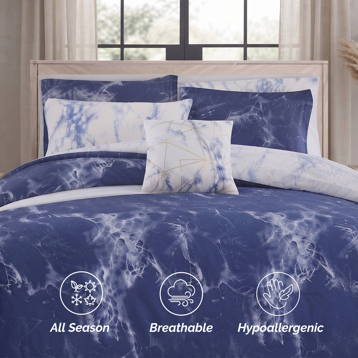 Reversible 10-Piece Marble Print Comforter Set, Includes 6-Piece Sheet Set with Double Sided Storage Pockets