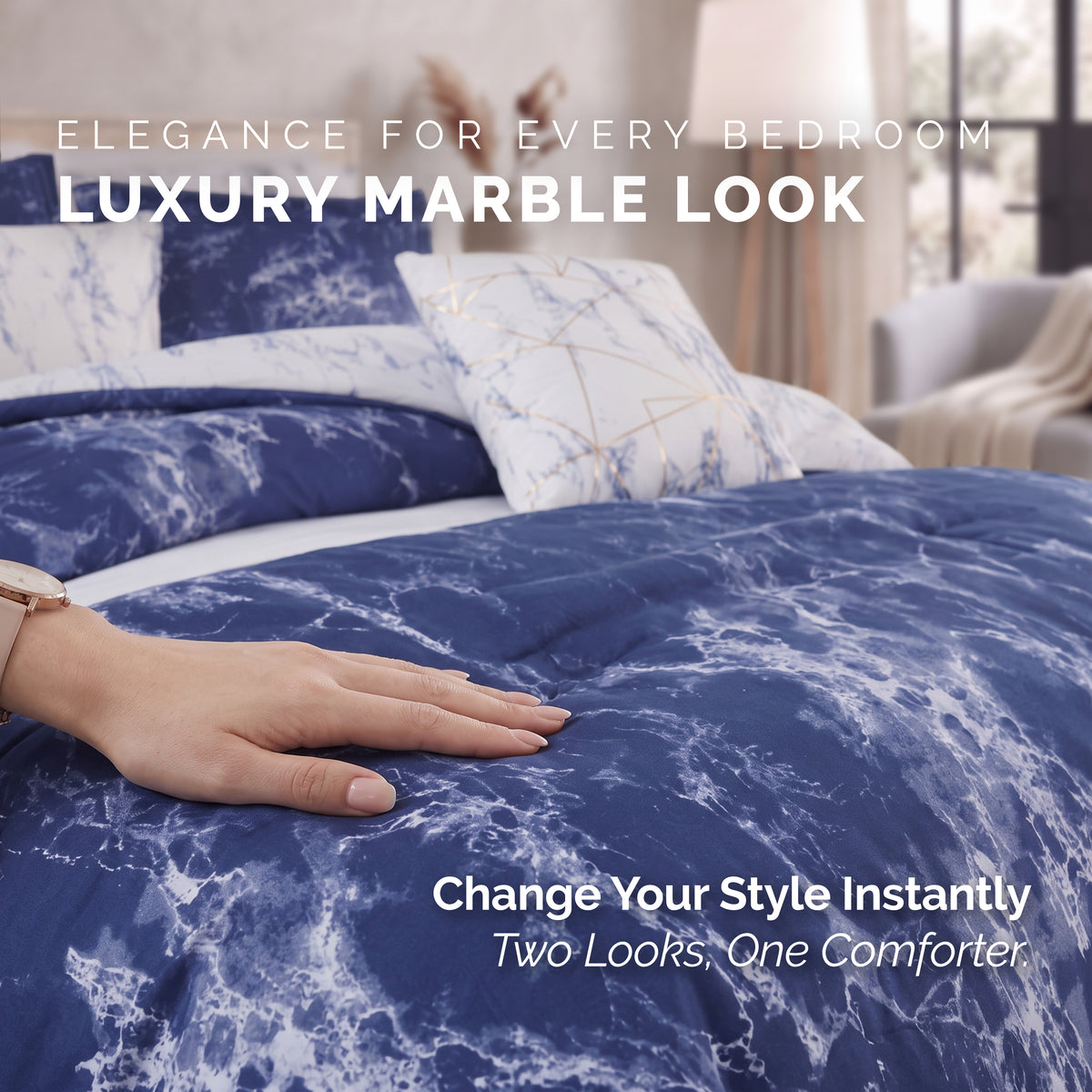 Reversible 10-Piece Marble Print Comforter Set, Includes 6-Piece Sheet Set with Double Sided Storage Pockets