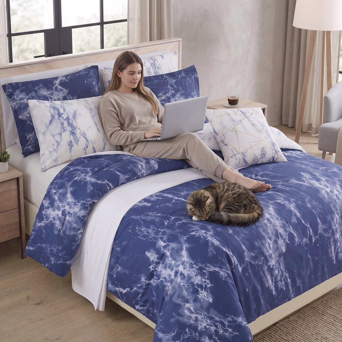 Reversible 10-Piece Marble Print Comforter Set, Includes 6-Piece Sheet Set with Double Sided Storage Pockets
