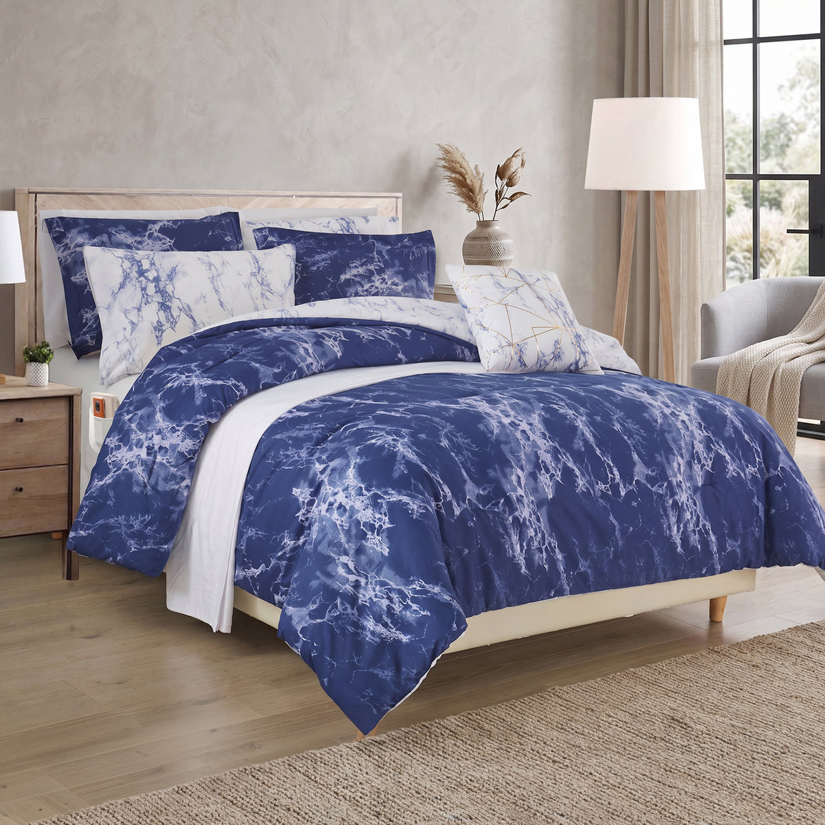 Reversible 10-Piece Marble Print Comforter Set, Includes 6-Piece Sheet Set with Double Sided Storage Pockets
