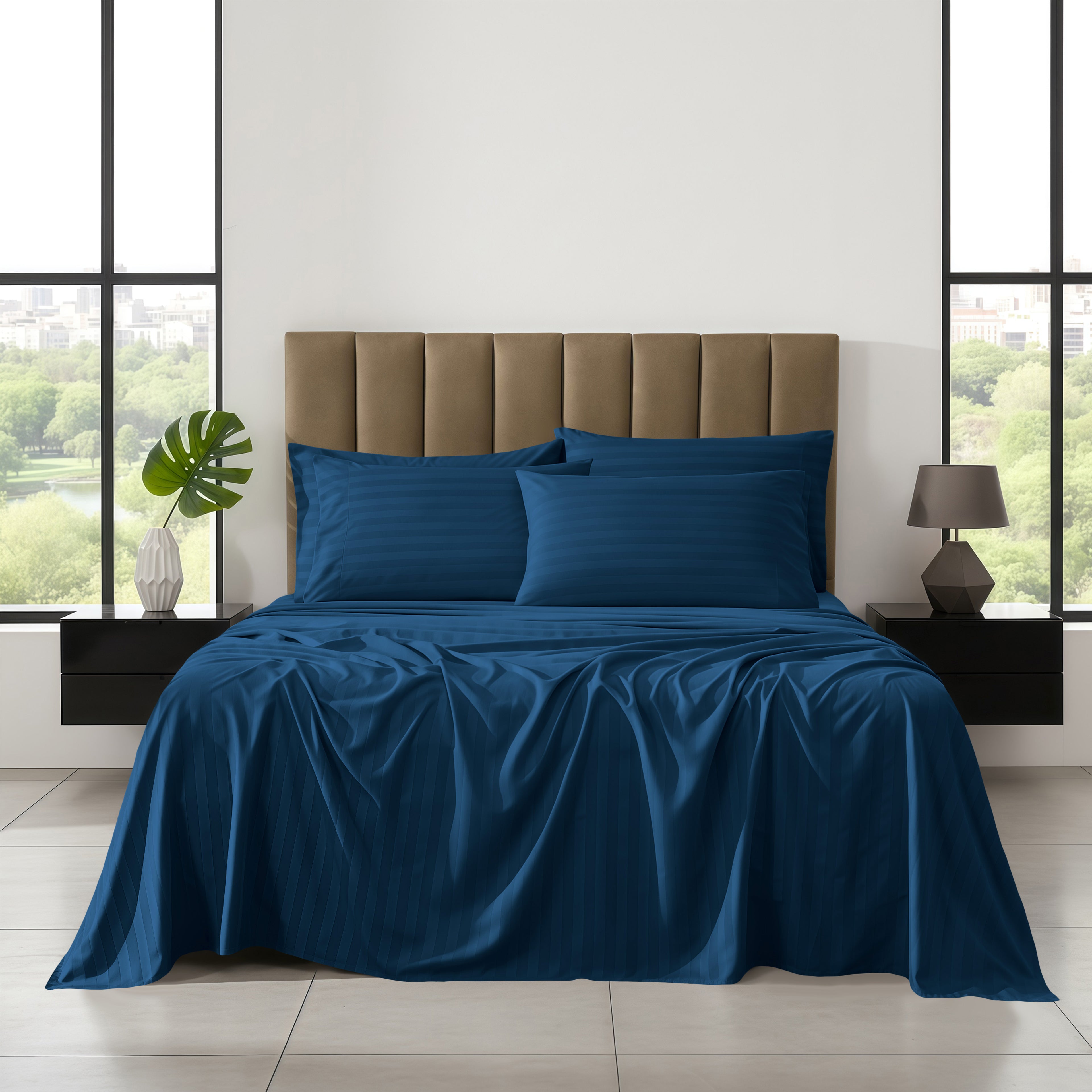 6-Piece Dobby Stripe Printed Bed Sheet Set- Soft as a Hotel Premium Quality